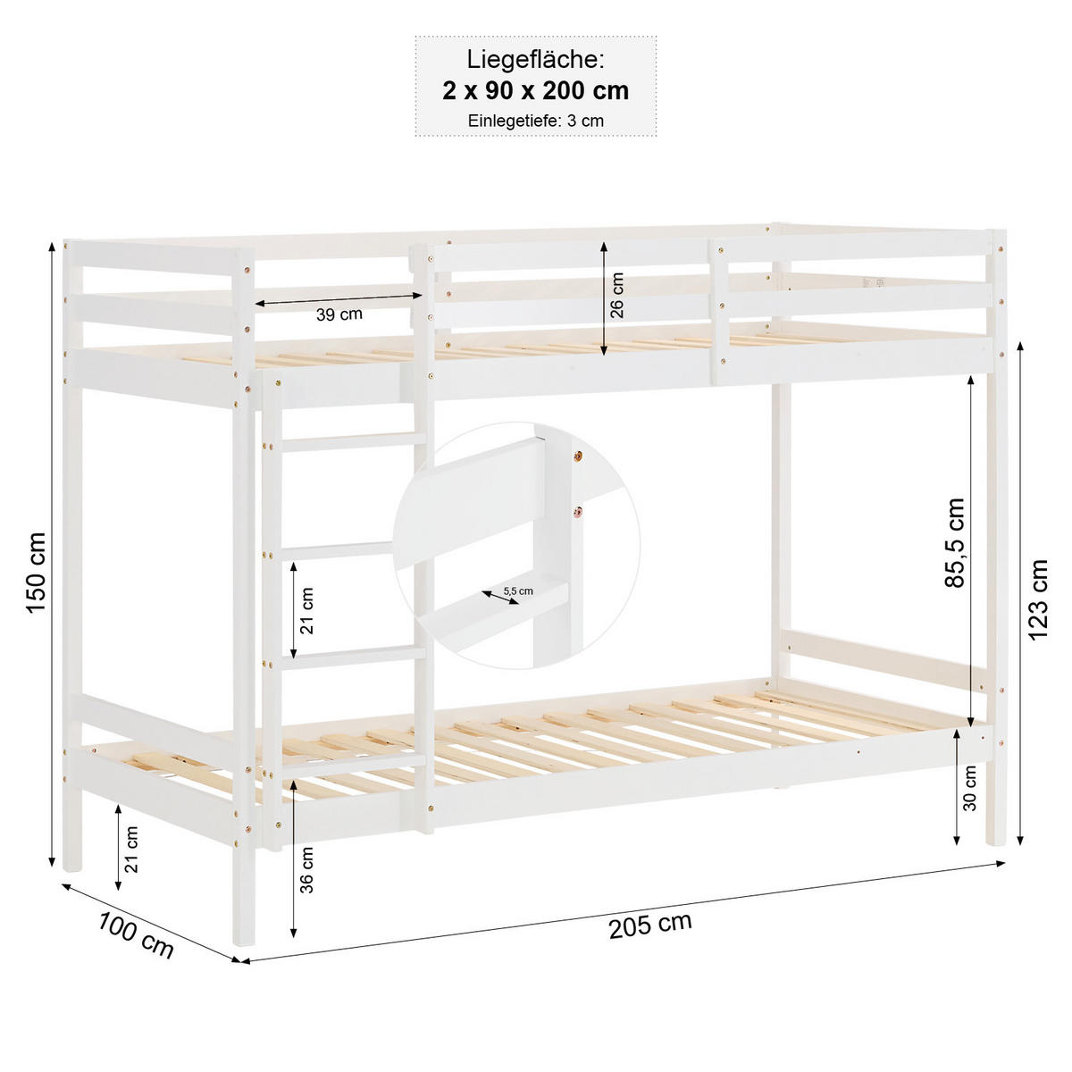 ETAGENBETT 90/200 cm Weiß - Weiß, Holz - Homestyle4u