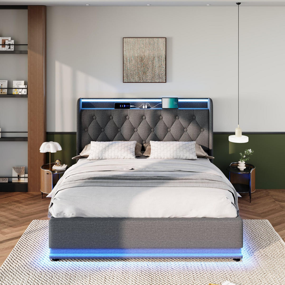 BETT mit Stauraum und LED 140x200 cm Leinen Grau - Grau, Metall (140/200cm) - Meubliv