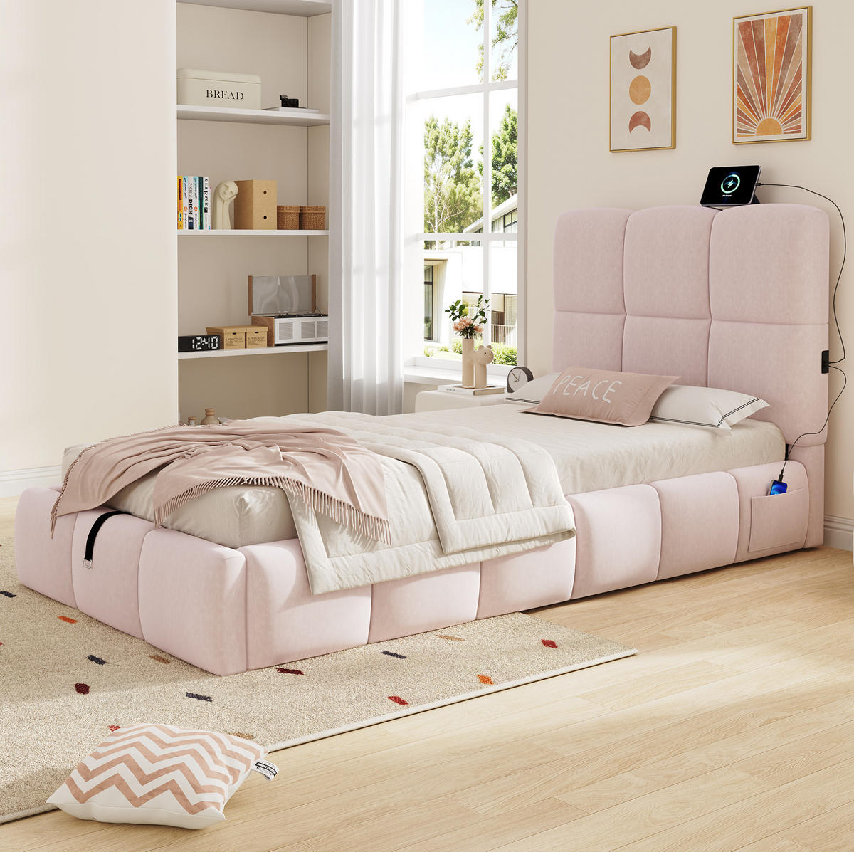POLSTERBETT 90/200 cm mit Lattenrost, hydraulischem Stauraum und USB-C-Anschluss, Rosa - Pink, Textil (90/200cm) - Redom