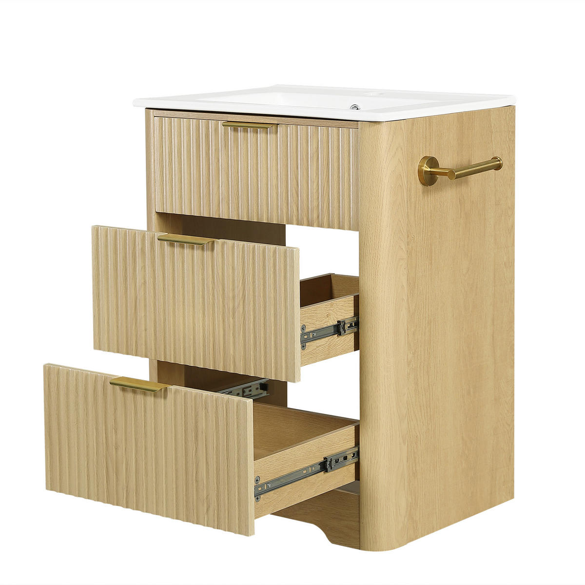 BADEZIMMERSCHRANK Holzoptik Keramik Waschbecken Schubladen 61cm - Naturfarben, Keramik (61/82/47cm) - FLIEKS