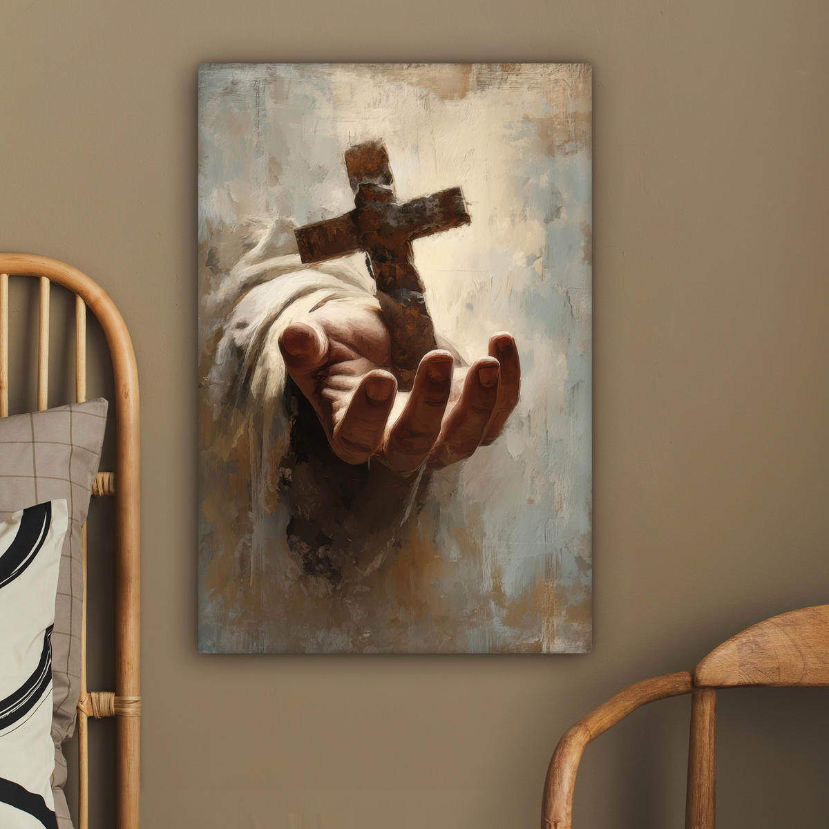 LEINWANDBILD Abstrakt - Kreuz - Hand - Christentum Wanddeko Schlafzimmer 60x90 cm - Hellbraun, Textil (60/90cm) - MuchoWow