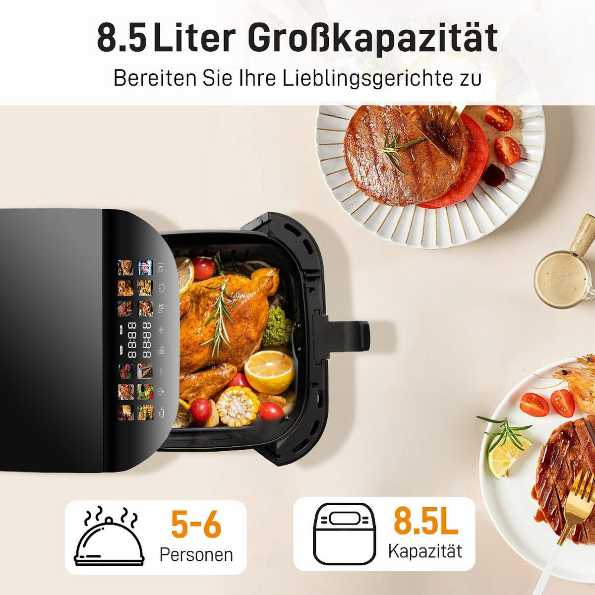 FRITTEUSE XXL 8,5L mit Sichtfenster, Farbdisplay, 12 Programme, 41,4/31/34,8 cm - Schwarz, Kunststoff (31/34.8/41.4cm) - Rolipo