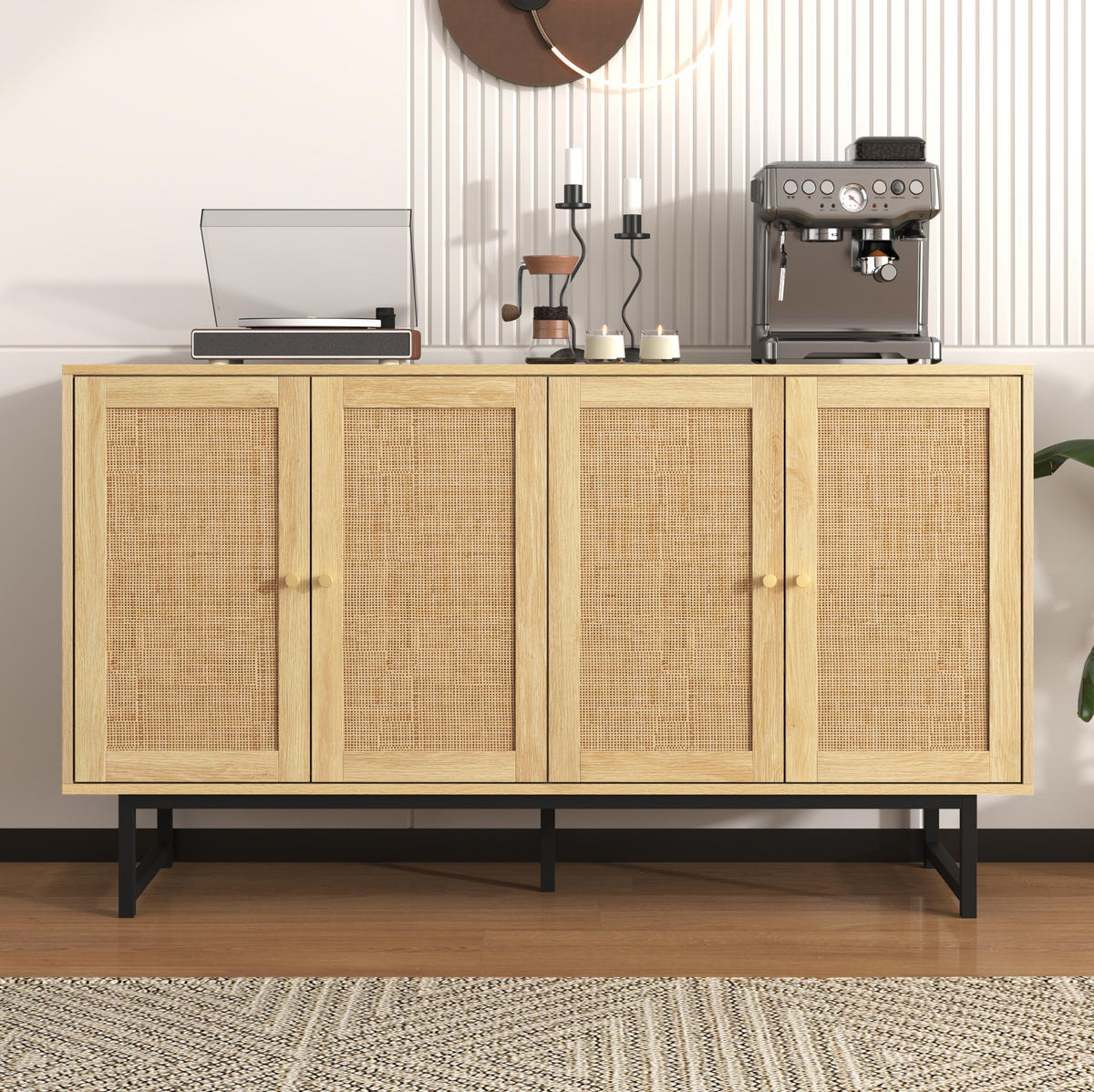 SIDEBOARD 140/39,5/80 cm in Holzoptik mit echtem Rattangeflecht und 4 Türen - Naturfarben, Holzwerkstoff (140/80/39.5cm) - Flora Grace