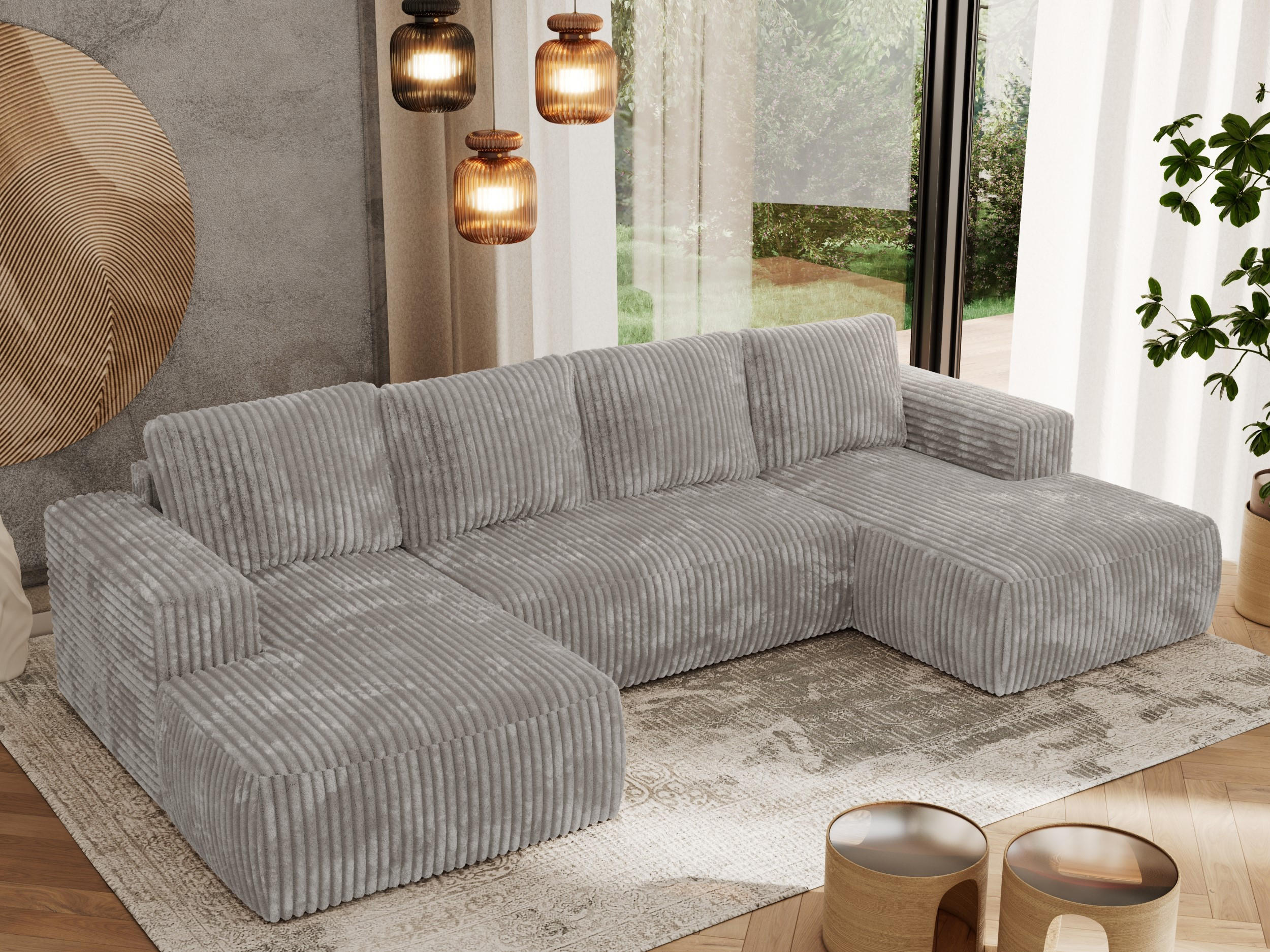 WOHNLANDSCHAFT TRENTINO U Hellgrau Cord - Hellgrau, Textil (334/91/163cm) - MKS
