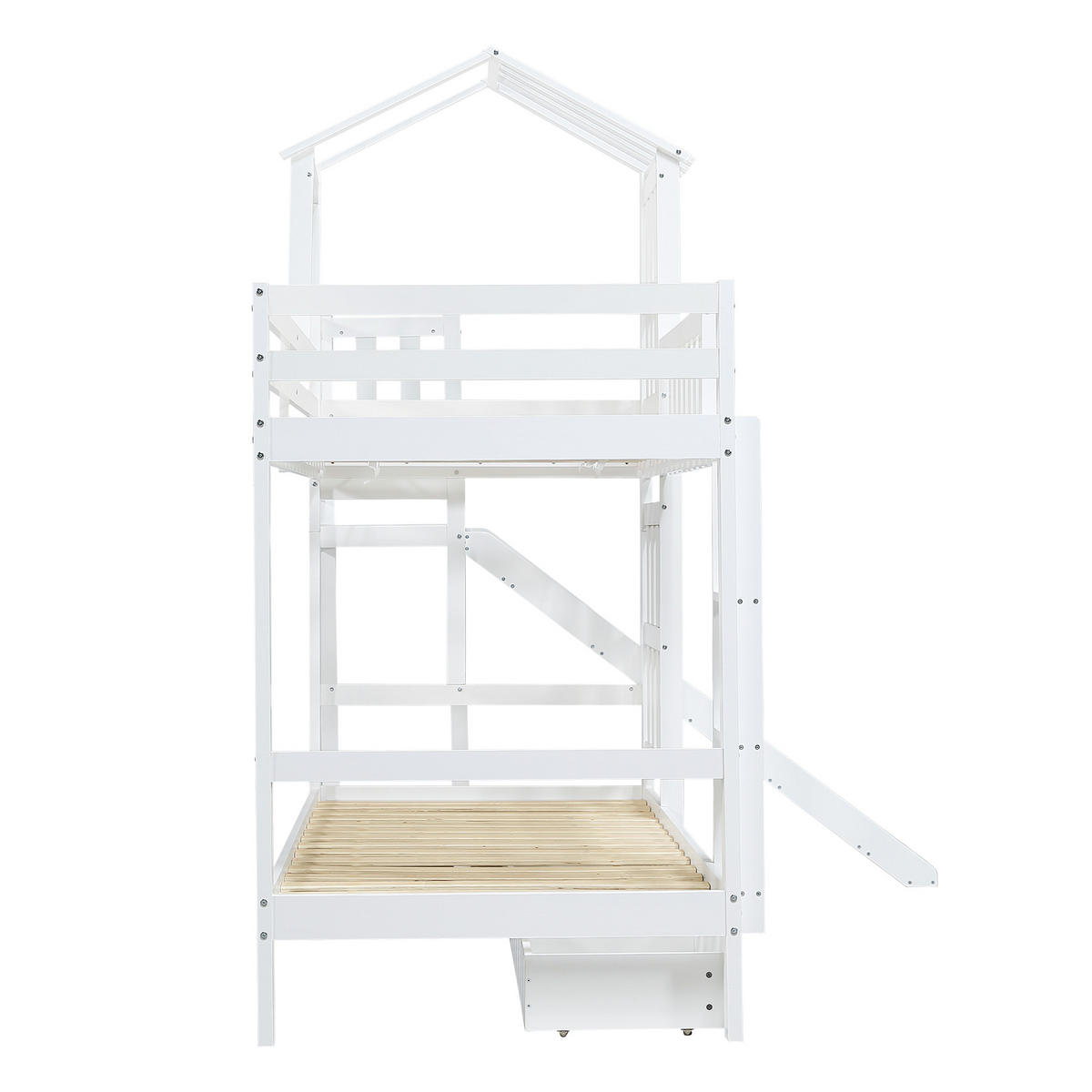 ETAGENBETT 90/200 cm Weiß mit 1 Schublade auf Rollen, Rutsche, Dach und Fenster - Weiß, Holz (90/200cm) - Oxeza
