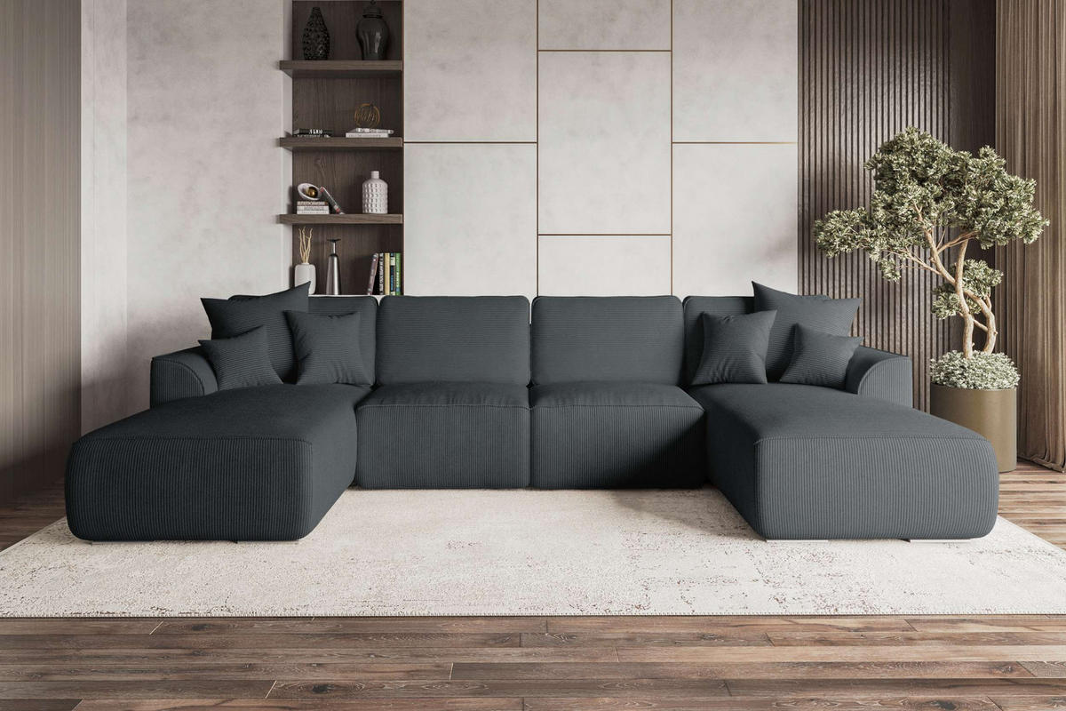 WOHNLANDSCHAFT GUSTO Cordstoff Graphitfarben inkl. Schlaffunktion - Chromfarben/Graphitfarben, Kunststoff/Textil (306/96/194cm) - 99rooms