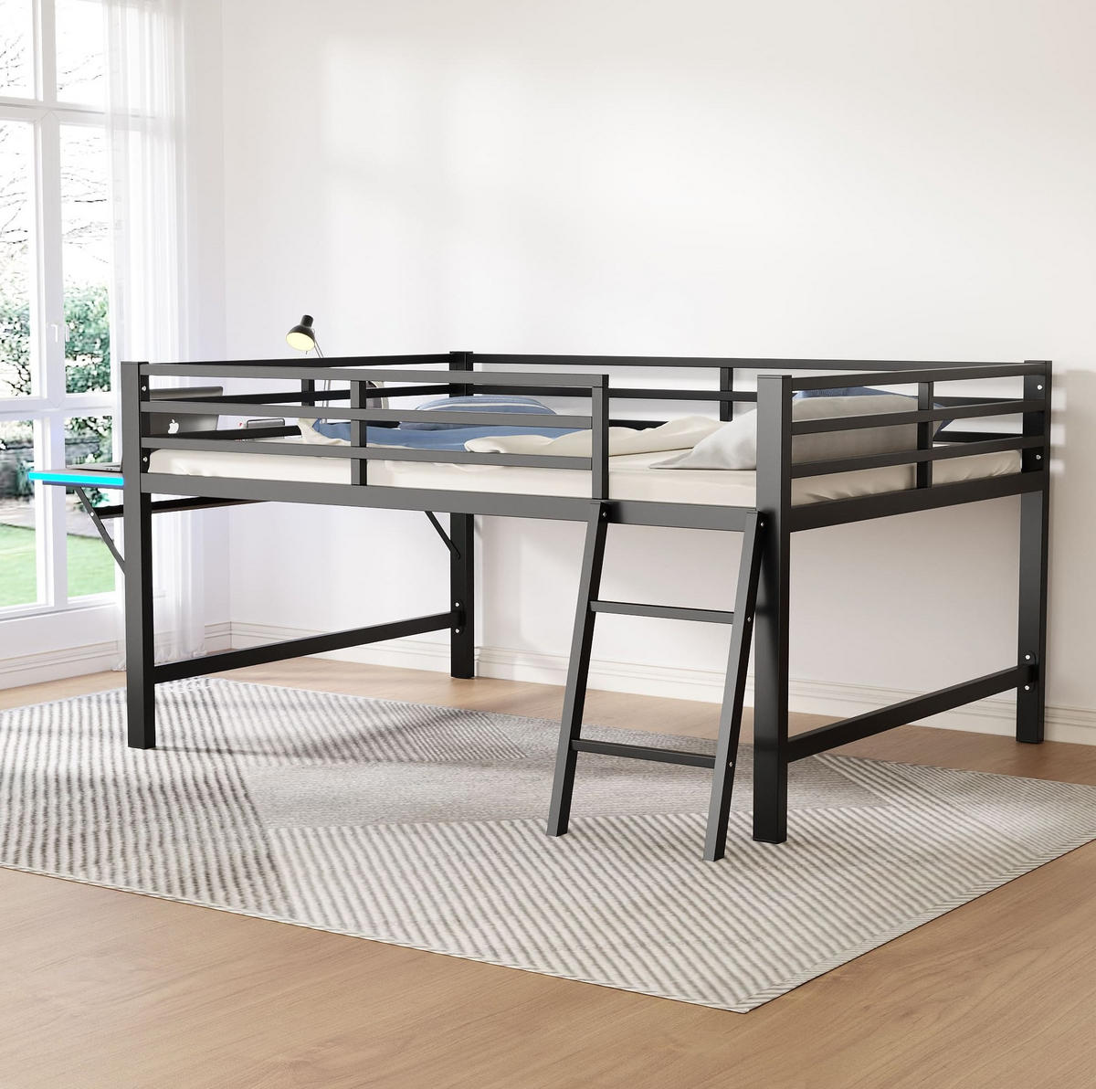 HOCHBETT 140/200 cm Schwarz mit LED und Schreibtisch - Schwarz, Metall (140/200cm) - MIVRAY