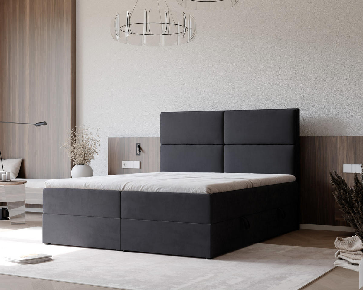 BOXBETT ORFEO 160/200 cm mit Matratze und Topper, Schwarz - Schwarz, Textil (160/200cm) - Idohome