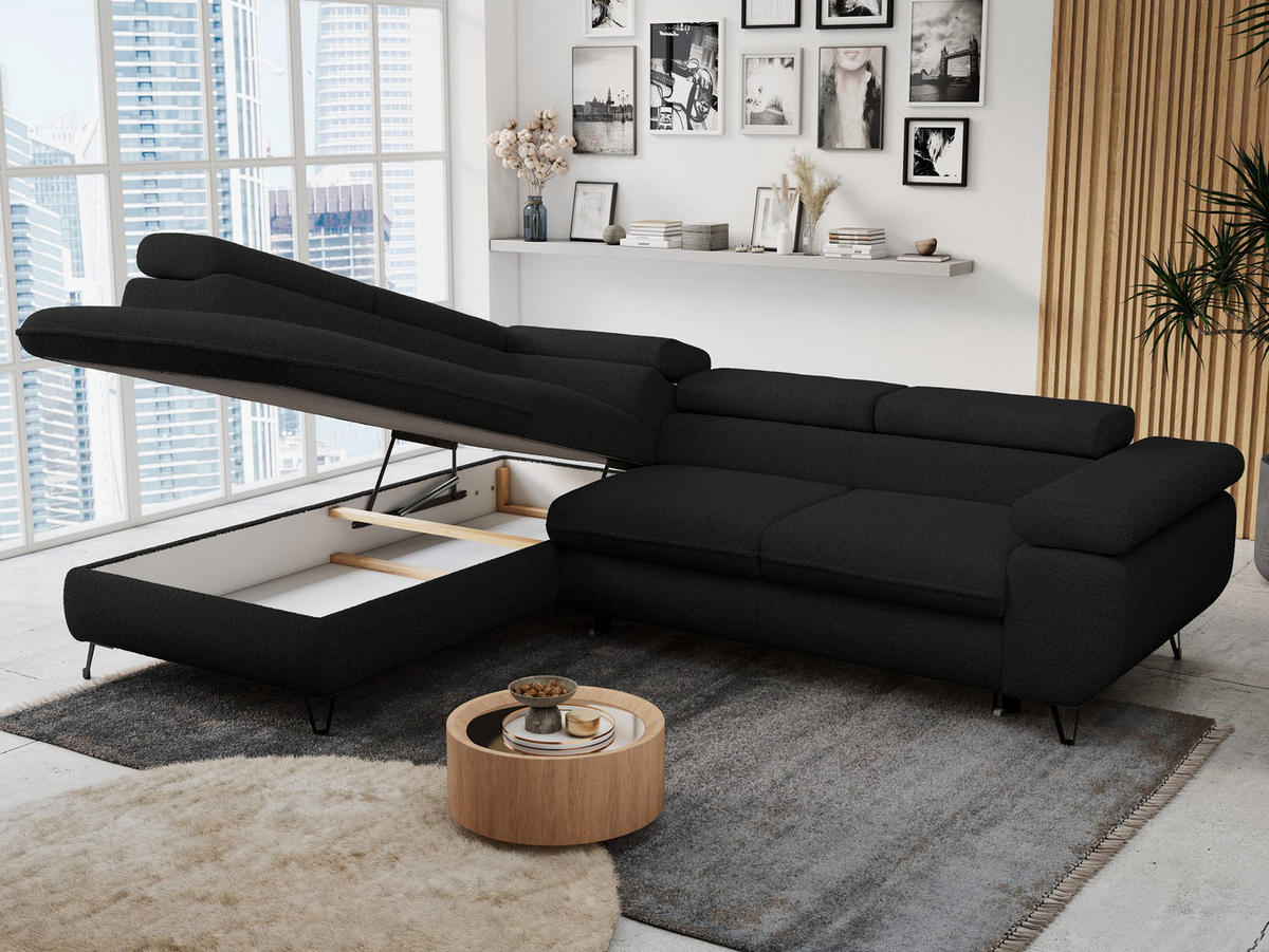 ECKSOFA PETER L Schwarz Boucle - Links Seite - Schwarz, Textil/Metall (208/273cm) - MKS