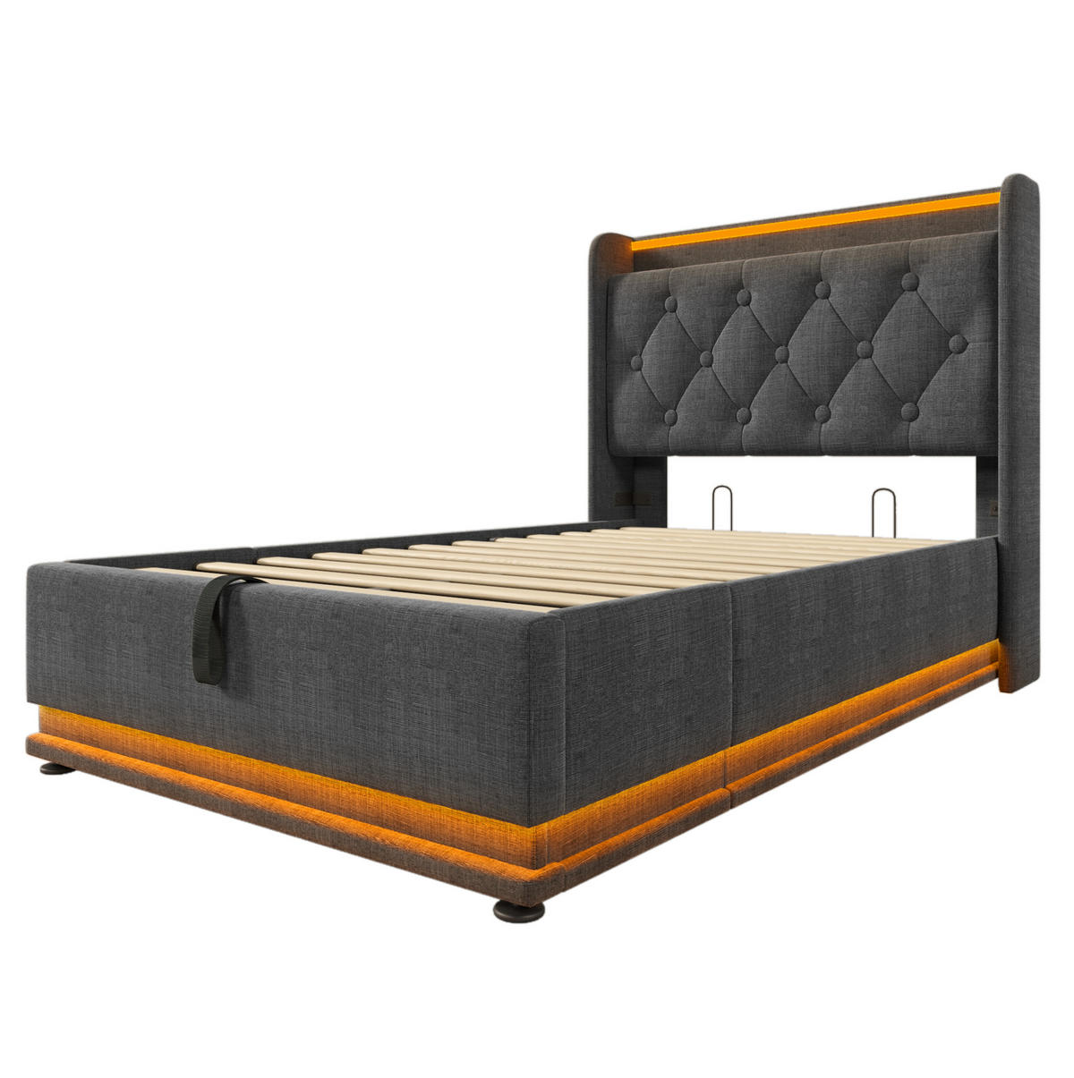 BETT mit LED und Stauraum 90x200 cm Leinen Grau - Grau, Metall (90/200cm) - Meubliv