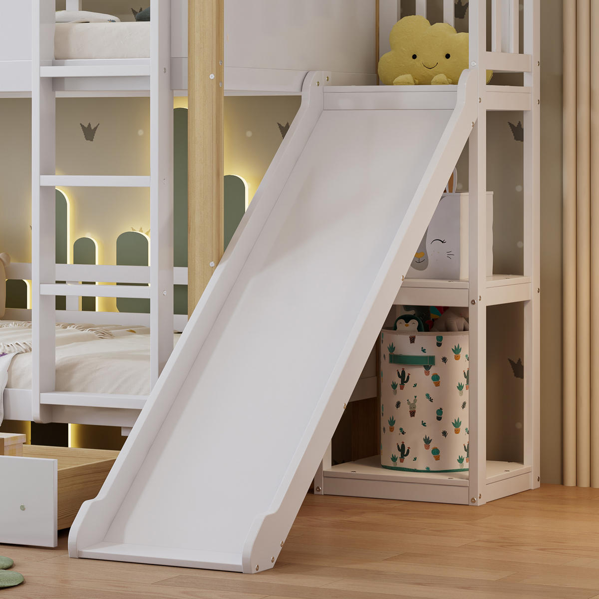 ETAGENBETT 90/200 cm Weiß+Natur mit Kinderrutsche und Stauraum - Weiß, Holzwerkstoff (90/200cm) - OKWISH