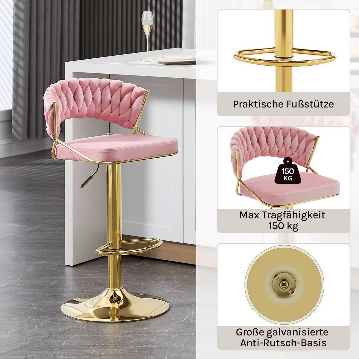 BARHOCKER 4er Set, mit geflochtener Rückenlehne, Samt, Rosa - Goldfarben/Rosa, Textil/Metall (48/83/46.5cm) - Woltu