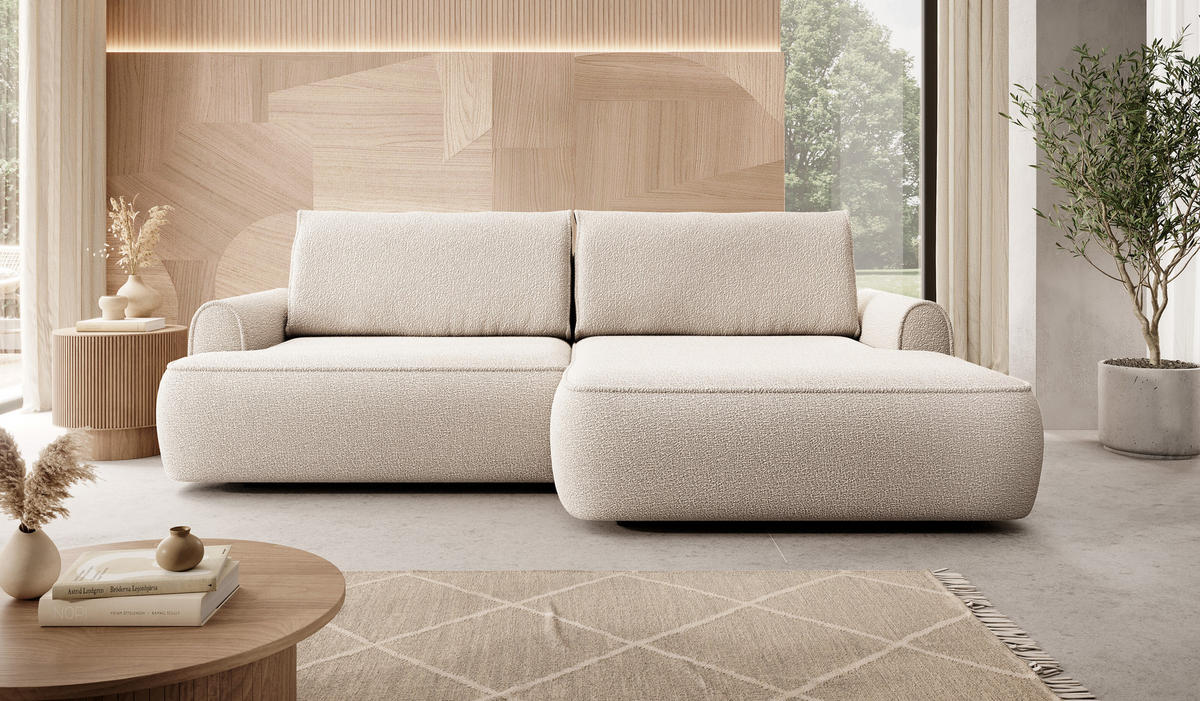 ECKSOFA 250 cm Mareno mit Bettkasten, Schlaffunktion, Rechts, Creme - Creme, Holz (146/250cm) - Emporius