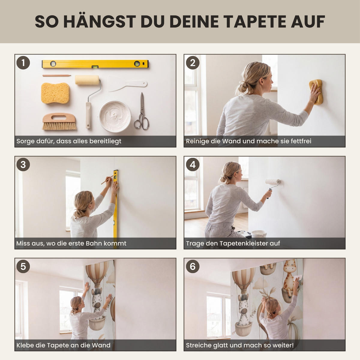 KINDERTAPETE - Safari - Heißluftballons - Taupe - 400x300 cm - Beige, Papier (400/300cm) - OnlyWow
