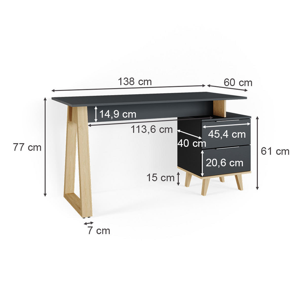 SCHREIBTISCH Nautica Anthrazit 138 x 60 cm mit Schubladen, L - Anthrazit/Buchefarben, Holzwerkstoff (60/138/77cm) - Vicco