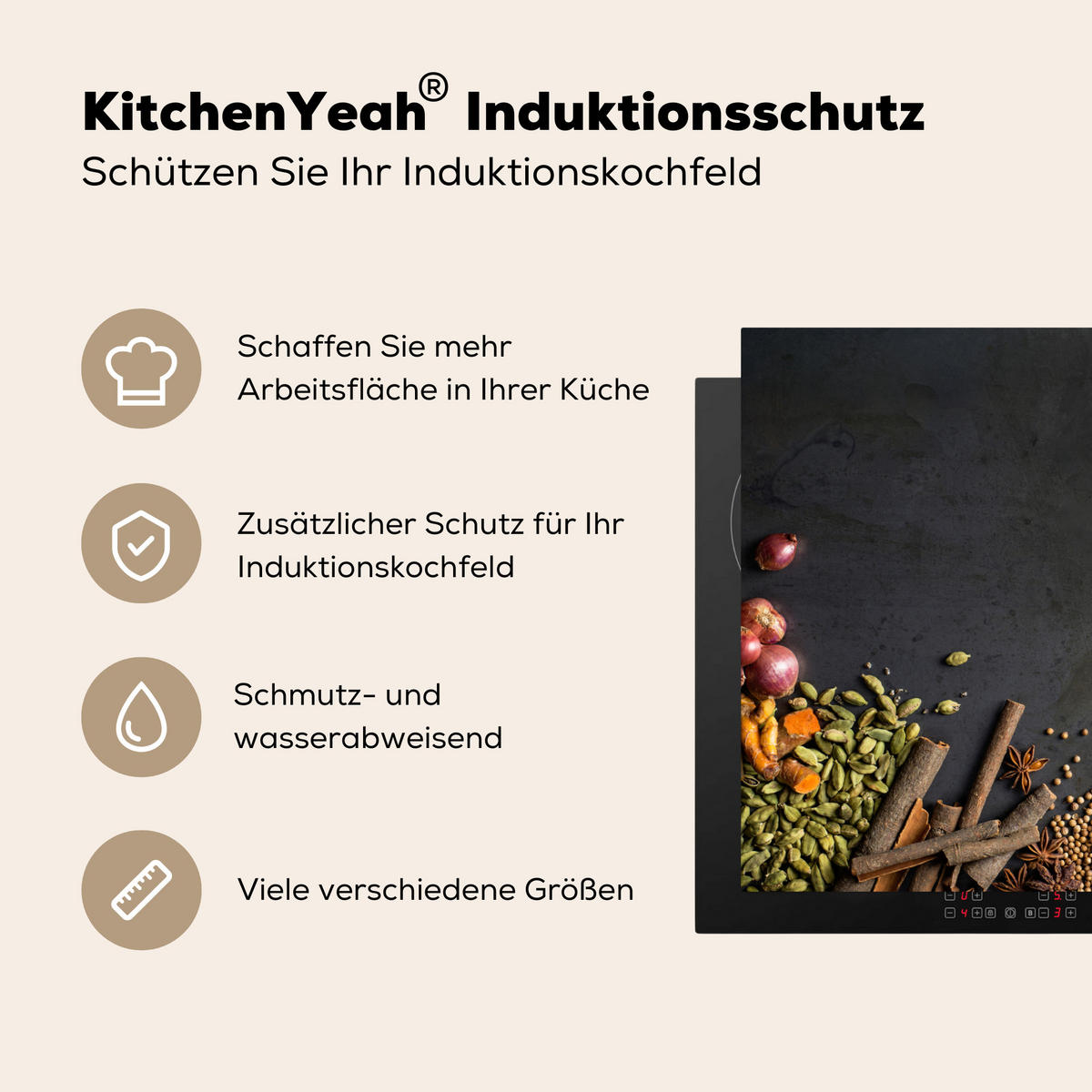 HERDABDECKPLATTE Kräuter - Lebensmittel - Gewürze - Schwarz - Paprika - Zimt 81x52 cm - Currygelb, Kunststoff (81.2/0.2/52cm) - MuchoWow