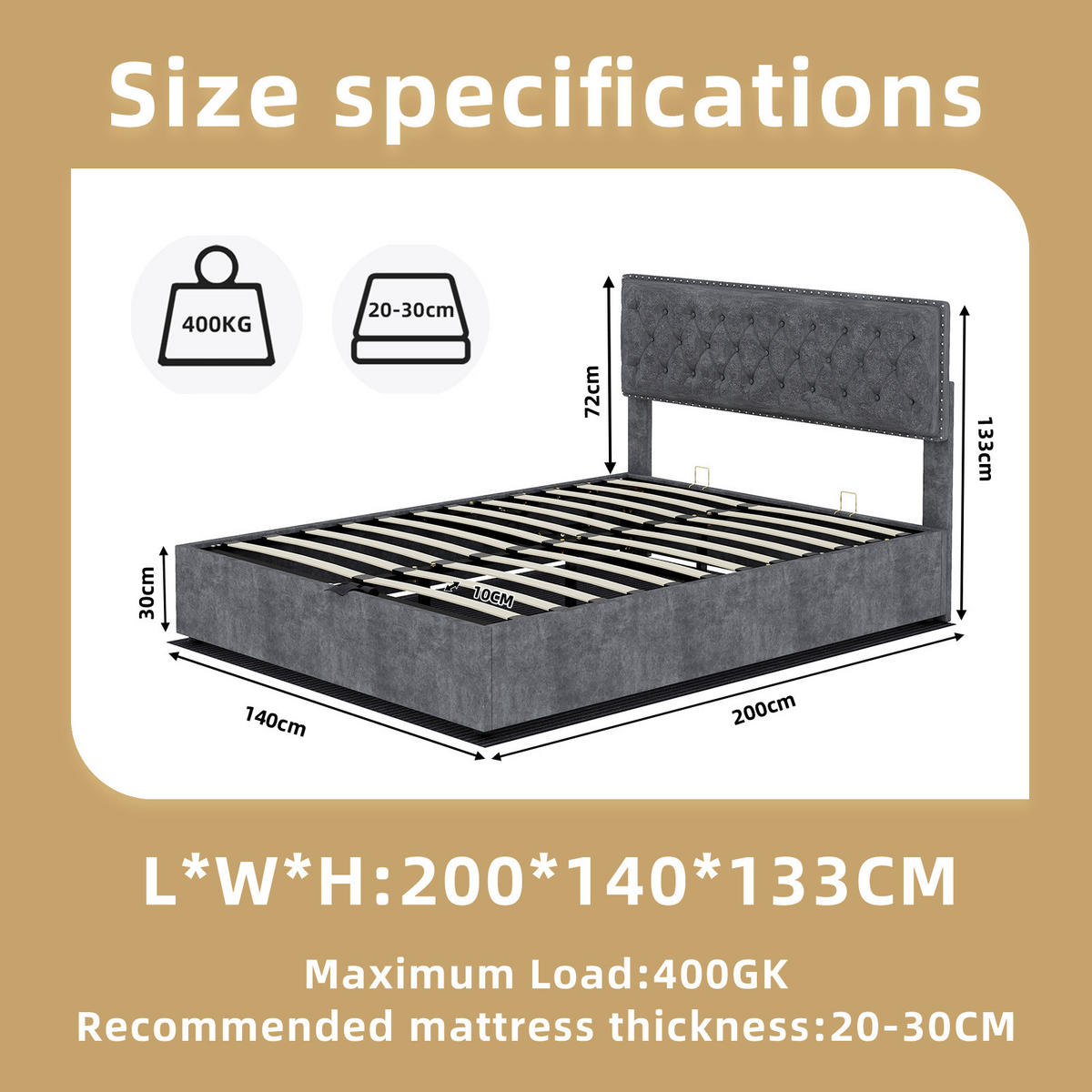 STAURAUMBETT 140/200 cm DE-32967 mit Pneumatik-Stauraum und Matratze Grau - Grau, Metall (140/200cm) - ComfortXL