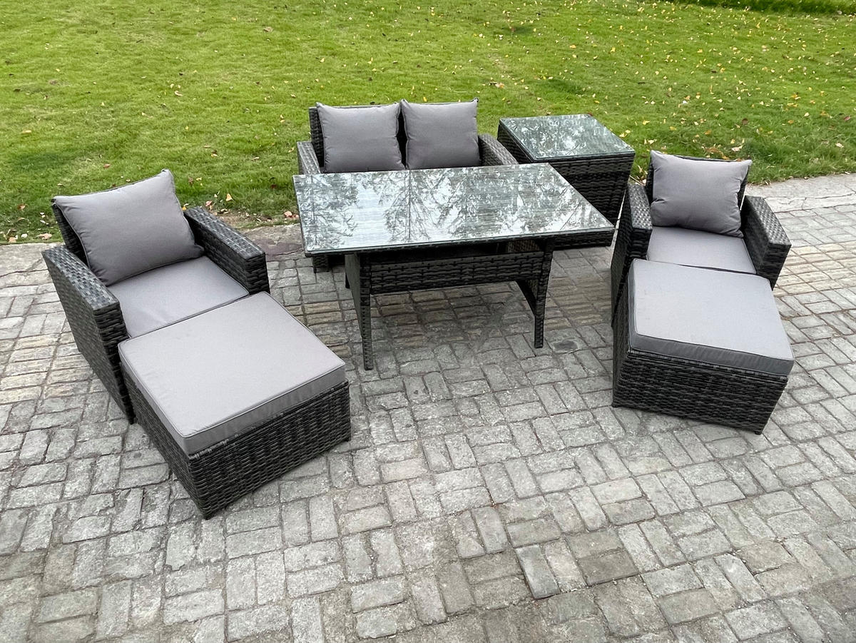 GARTENMÖBELSET mit 2 Sesseln,Zweisitzer,2 Hockern,Esstisch,Beistelltisch Polyrattan Dunkelgrau 6-Sitzer - Dunkelgrau/Grau, Glas/Kunststoff - Fimous