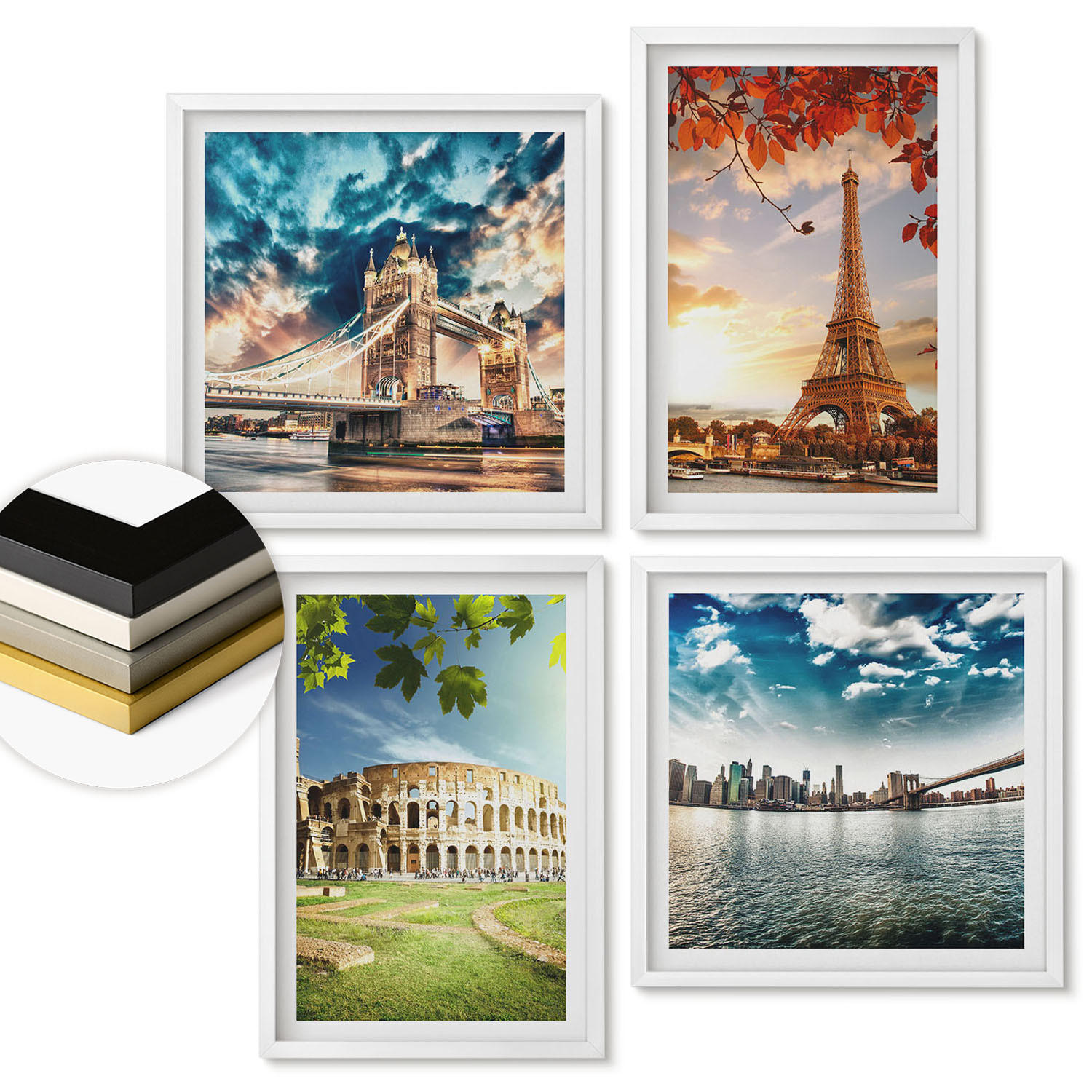 WANDBILDER 4er-Set - 50x50 cm & 40x60 cm Weißer Rahmen - Denkmäler Europas in warmen Farben - Weiß, Kunststoff (50/50cm) - ArtPrintCave
