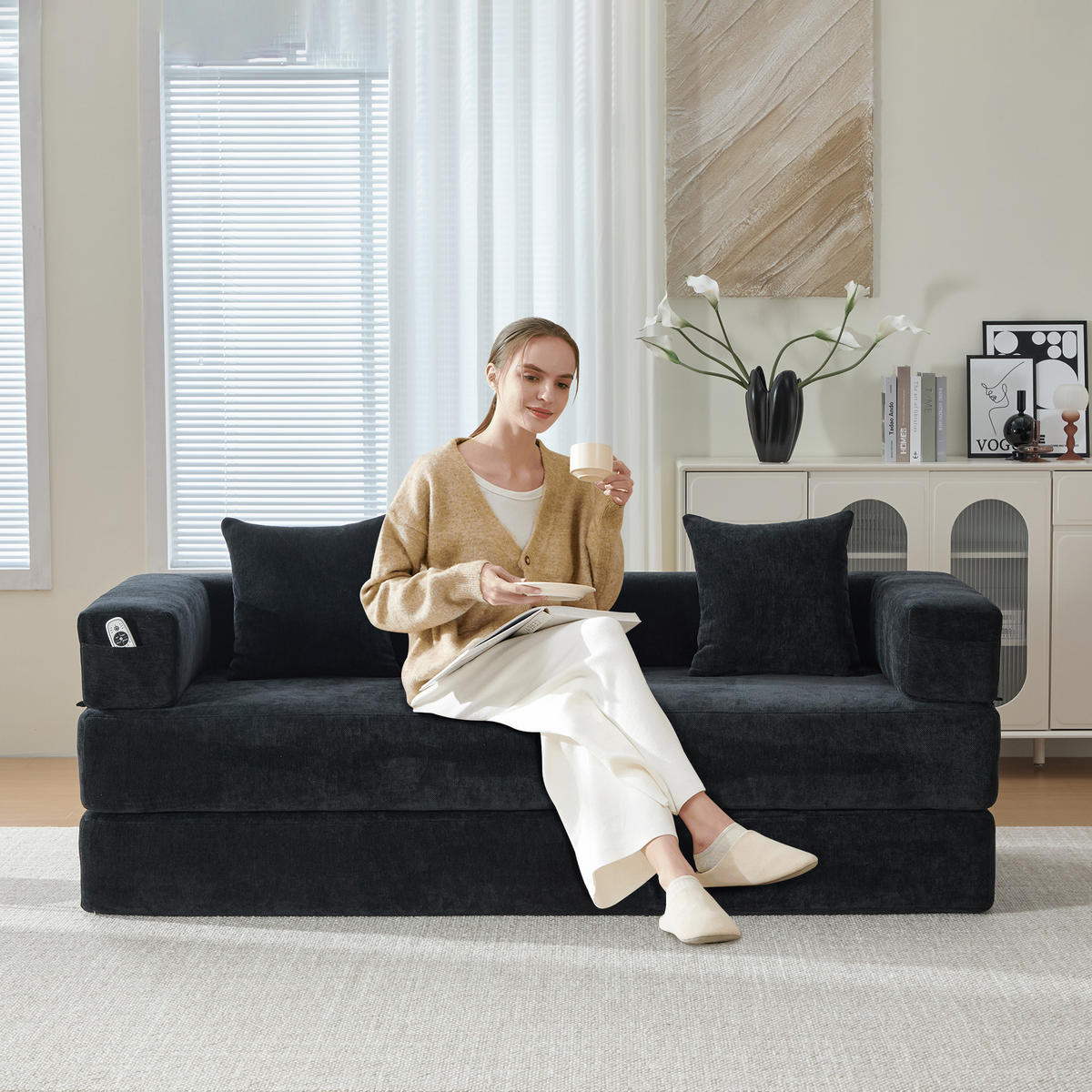 3-SITZER SOFA Chenille Schwarz mit Seitentaschen und Anti-Rutsch-Unterseite - Schwarz, Holzwerkstoff/Textil (198/60/79cm) - WISHDOR