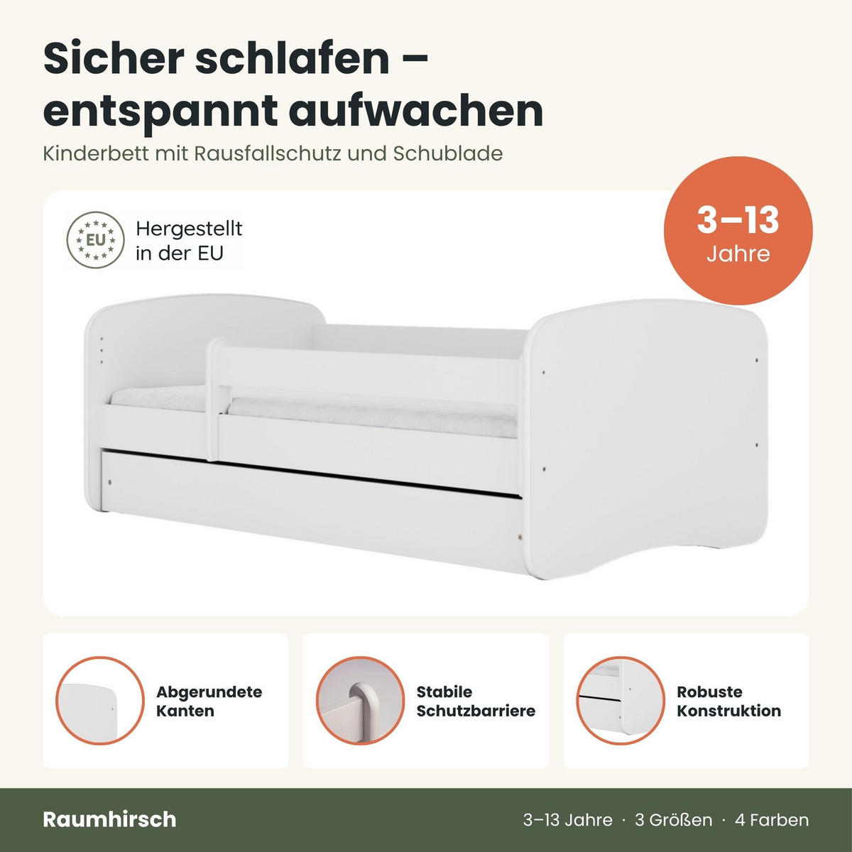 KINDERBETT ohne Motiv 70x140 cm mit Matratze, Schublade, Rausfallschutz & Lattenrost, Weiß - Weiß, Holzwerkstoff (70/140cm) - RAUMHIRSCH FURNITURE