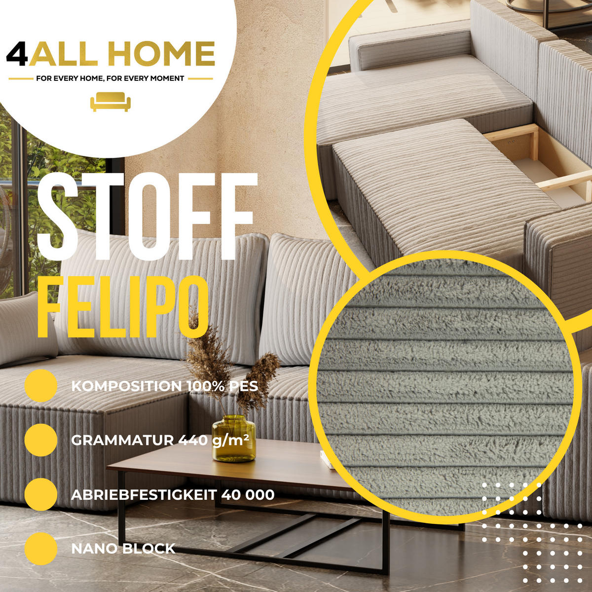 ECKSOFA Tobi mit Bettkasten und Schlaffunktion, L-Form/XL-Form, Cordstoff, Universal - Hellgrau, Holzwerkstoff (276/145cm) - 4ALL HOME