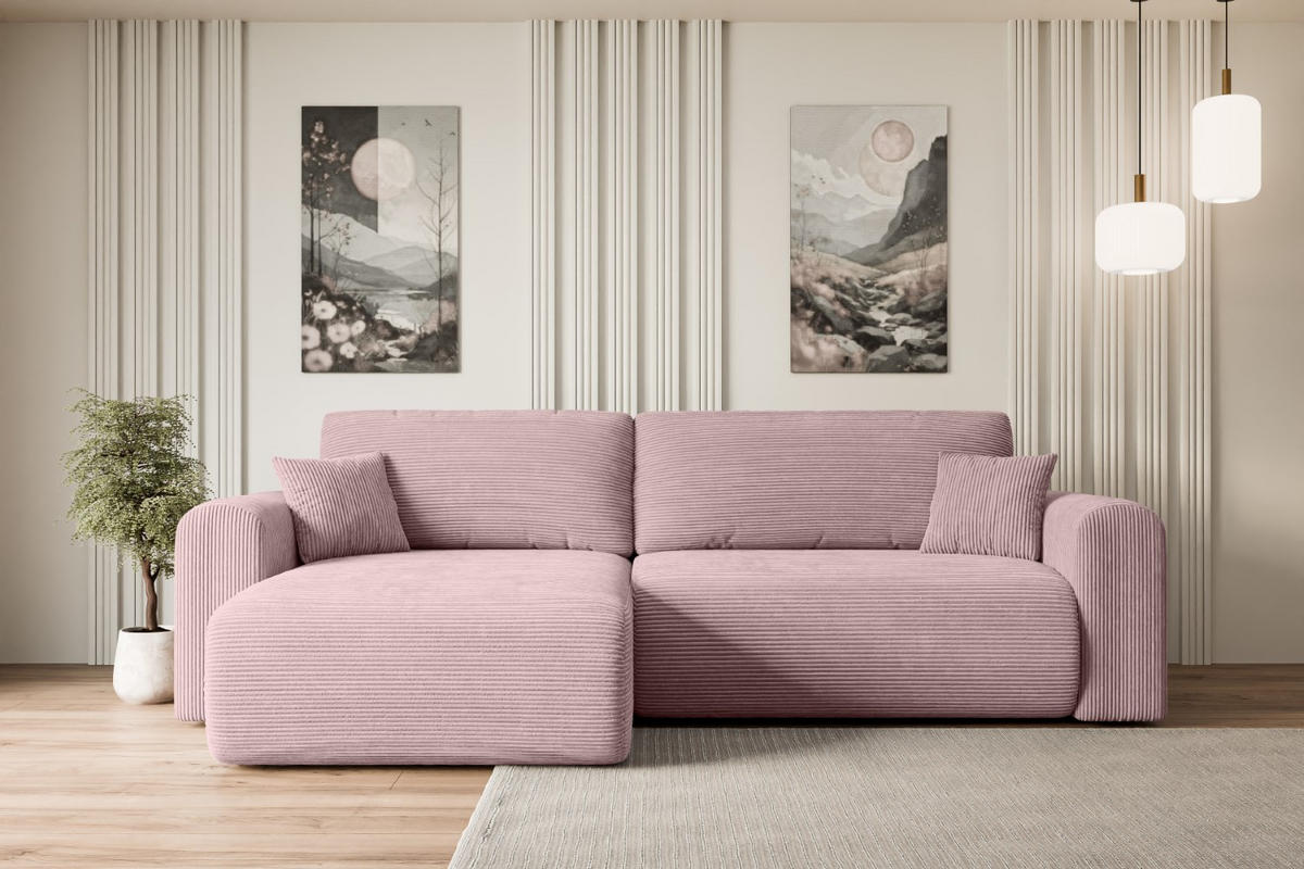 ECKSOFA mit Schlaffunktion und Bettkasten ORRO-L - 272x145x83 cm Rosa Cord - Schwarz/Rosa, Holzwerkstoff/Kunststoff (272/145cm) - ALTDECOR
