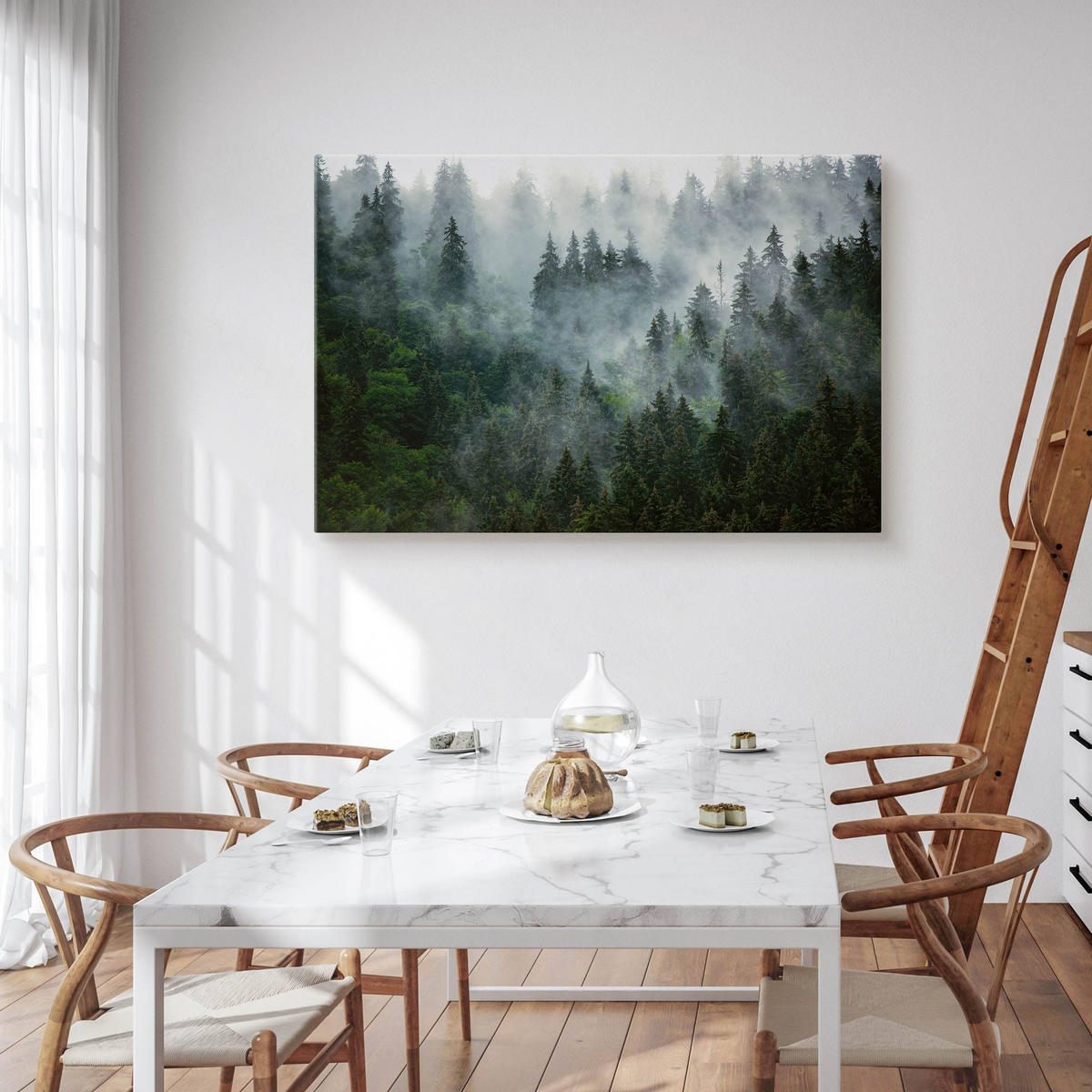 LEINWANDBILD Wald im Nebel Landschaft 3D 120x80 - Schwarz/Grau, Textil (120/80cm) - Muralo