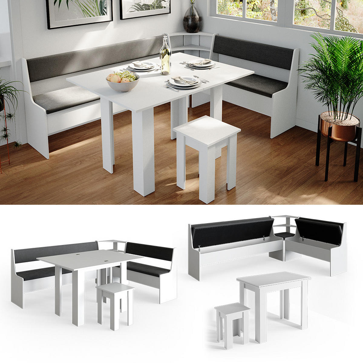 ECKBANKGRUPPE Roman Weiß 210 x 41.5 cm mit Tisch - Anthrazit/Weiß, Holzwerkstoff (210/80/150cm) - Vicco