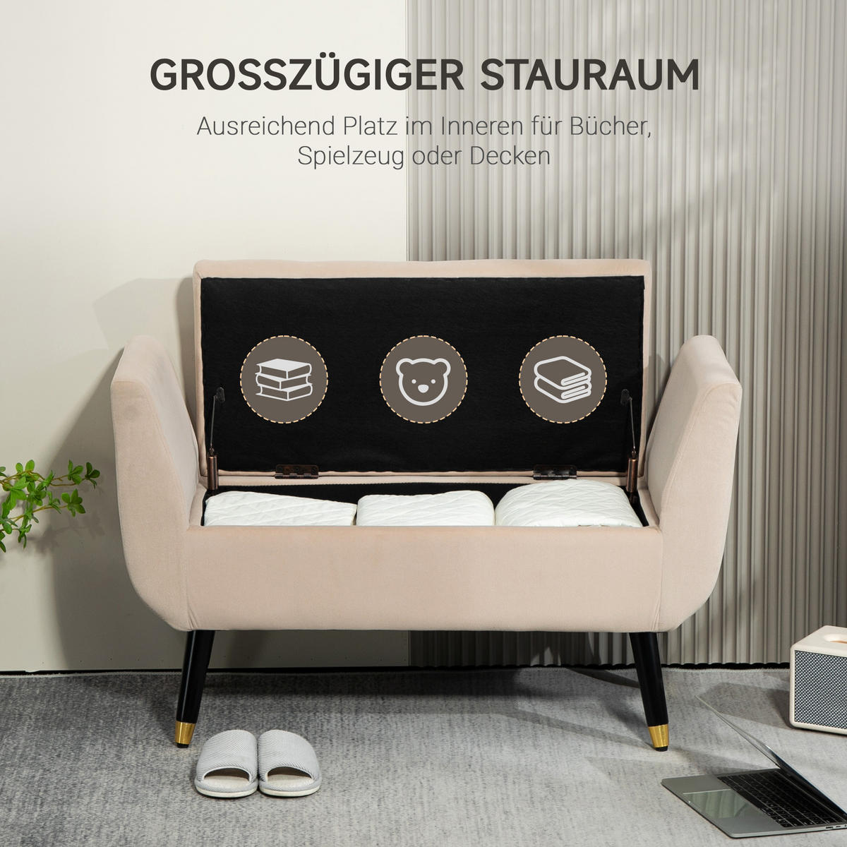 LUXUS Sitzbank Polsterbank mit Stauraum Beige 107 x 42 x 65 cm - Beige, Kunststoff (107/65/42cm) - HOMCOM