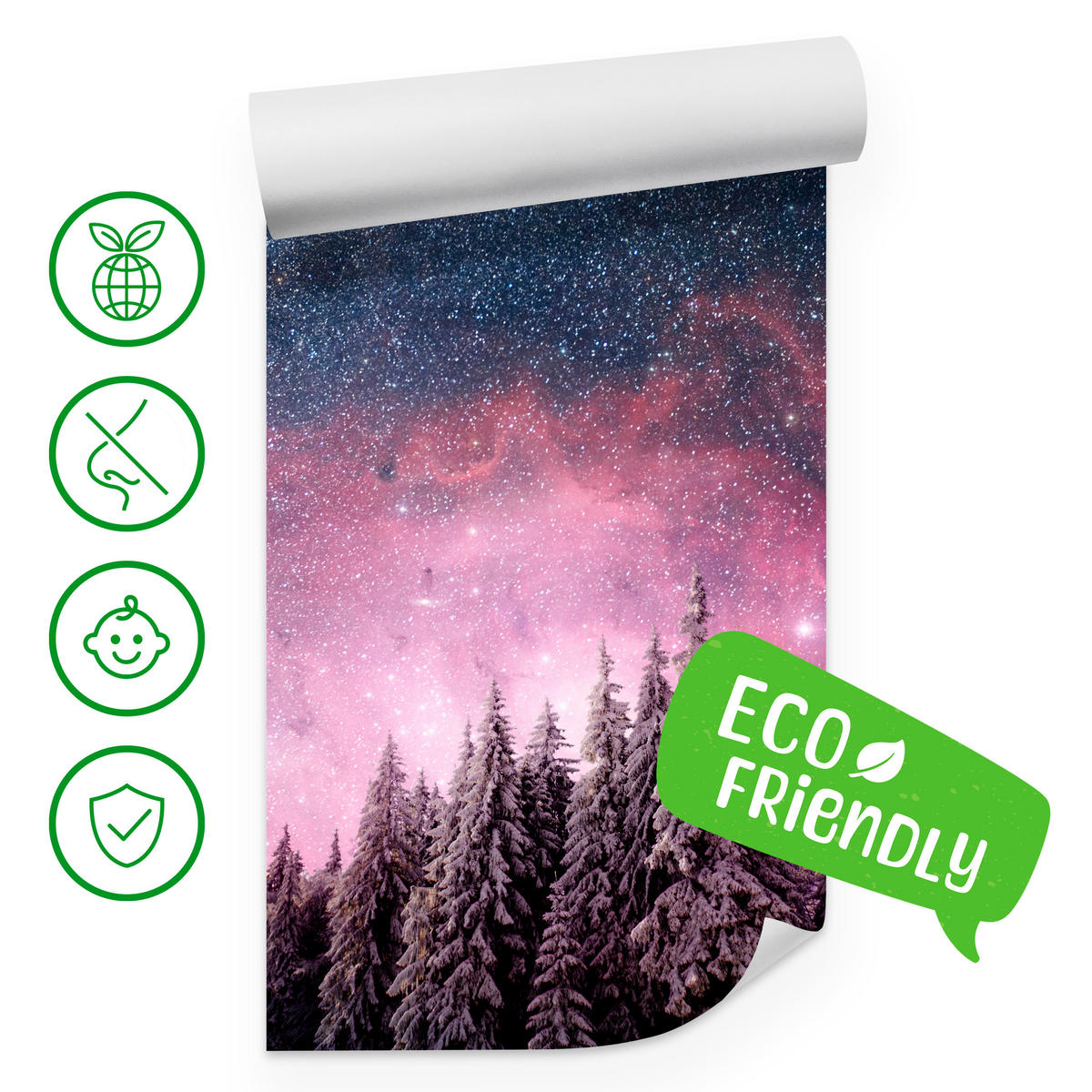 FOTOTAPETE für Schlafzimmer Verzauberter Tannenwald Winter Aurora 500x350 - Violett/Schwarz, Papier (500/350cm) - Muralo