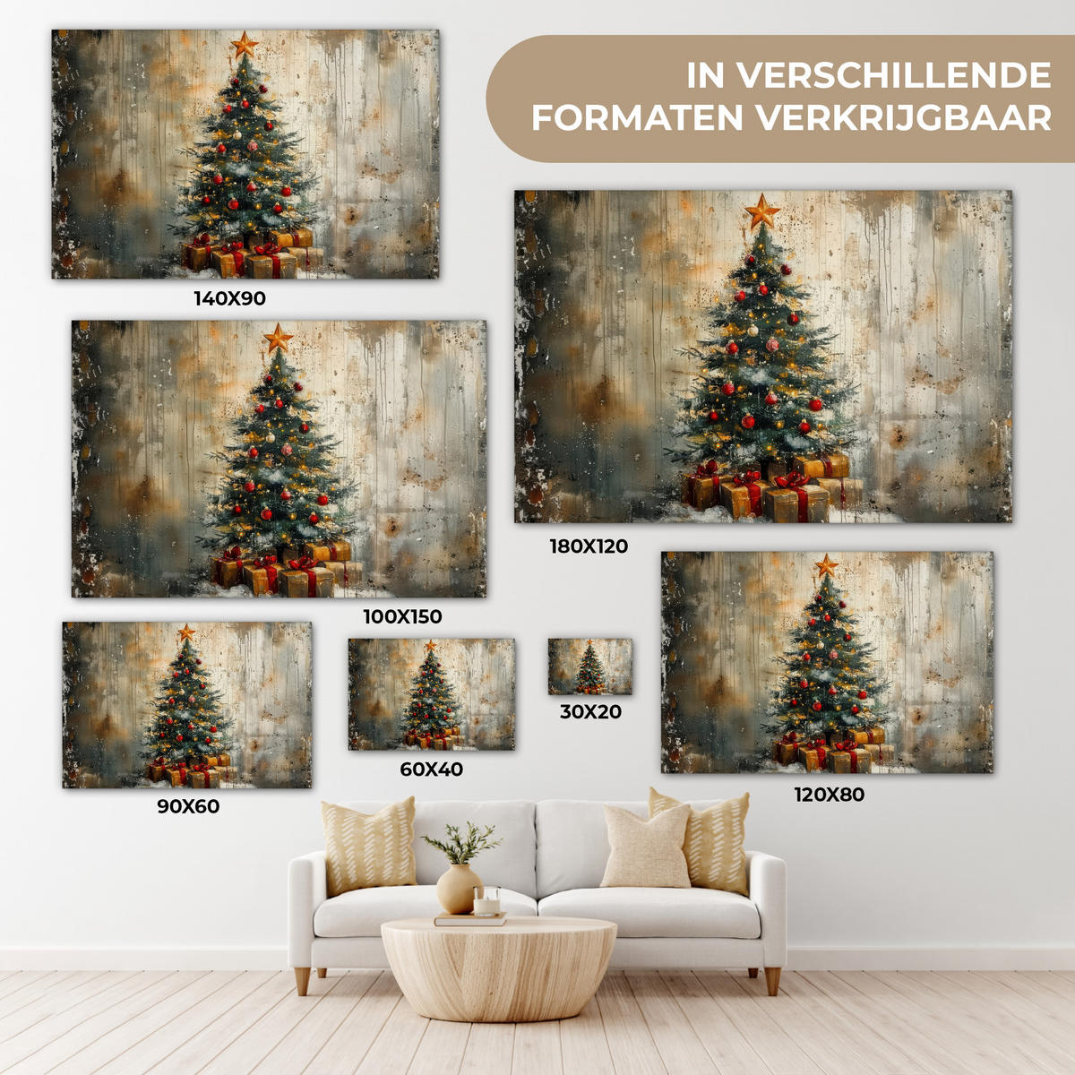 LEINWANDBILD Weihnachtsbaum - Vintage - Weihnachten - Geschenk Deko Schlafzimmer 30x20 cm - Rostfarben, Textil (30/20cm) - MuchoWow