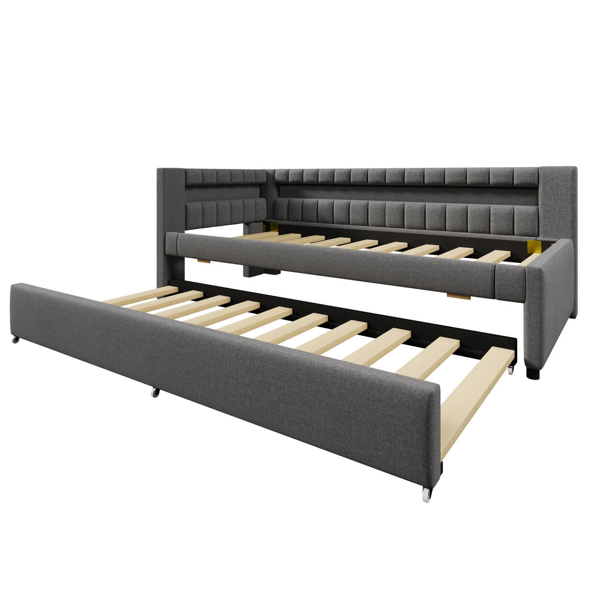 POLSTERBETT 90/200 cm Grau mit LED-Beleuchtung und USB- und Type-C-Anschlüssen aus Leinen - Grau, Textil (90/200cm) - OKWISH