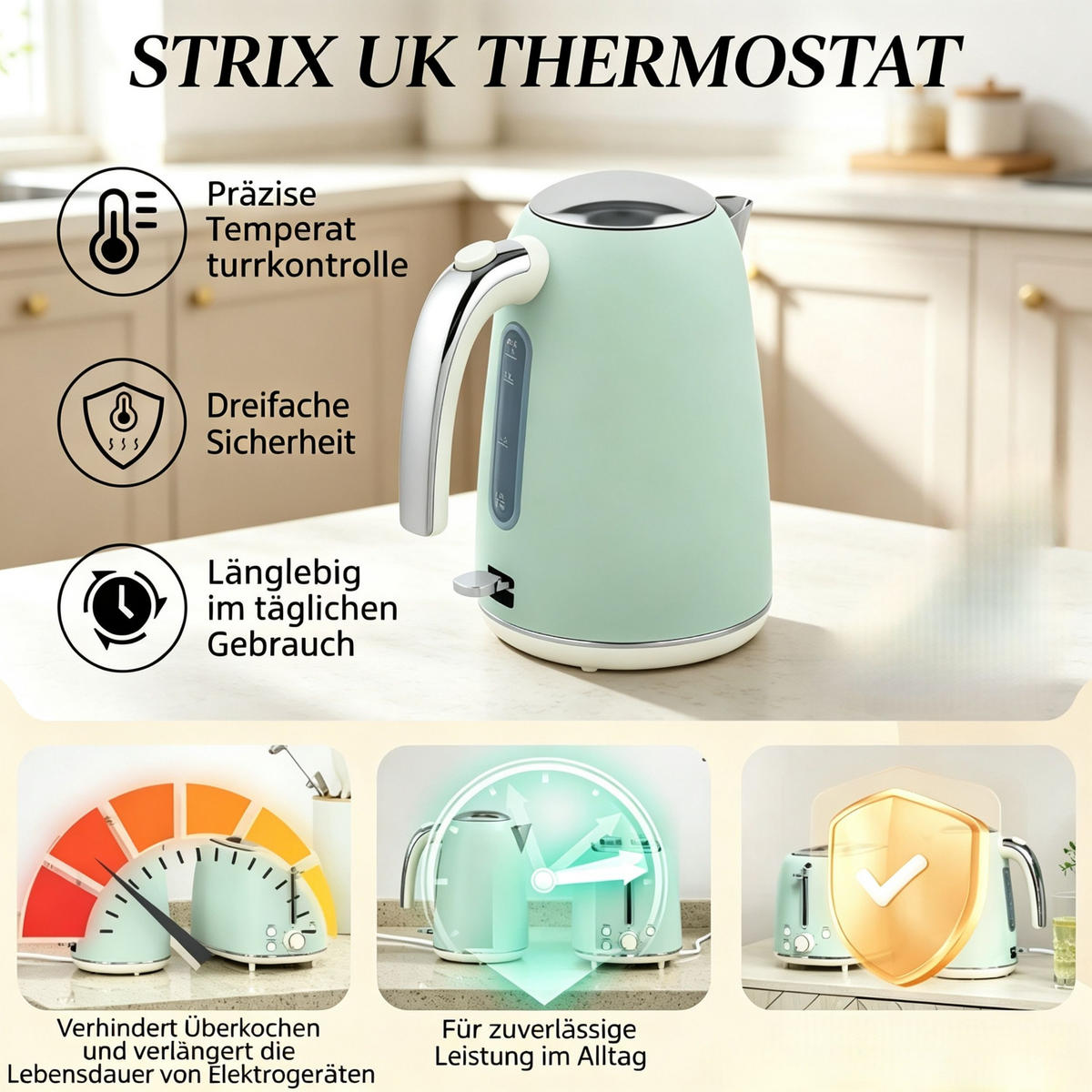 WASSERKOCHER‑SET mit Toaster, 1,7 L kabelloser elektrischer Wasserkocher & 2‑Scheiben‑Toaster, Retro‑Frühstücksset in Mint‑Grün für die moderne Küche - Mintgrün, Metall (17.9/19.2/28.9cm) - Joyfair