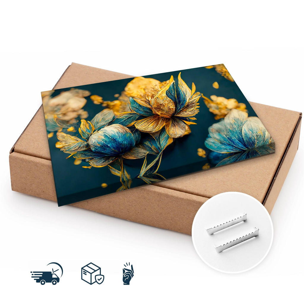 Thumbnail - Muralo Leinwandbild, Blau, Beige, Gelb, Türkis, Textil, Kiefer, Abstrakt, Floral, Rechteckig, 100x70 cm, einfache und sc...