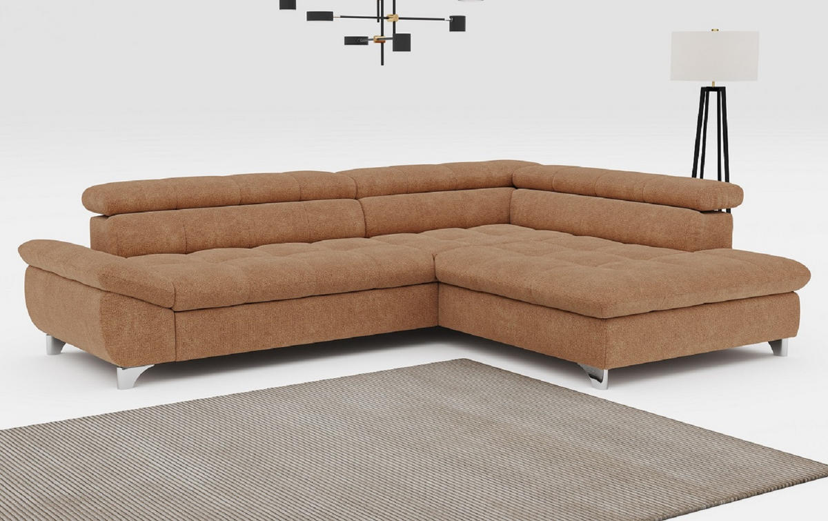 ECKSOFA mit Schlaffunktion und verstellbare Kopflehnen - Cognac/Silberfarben, Textil/Metall (234/312cm) - Cotta