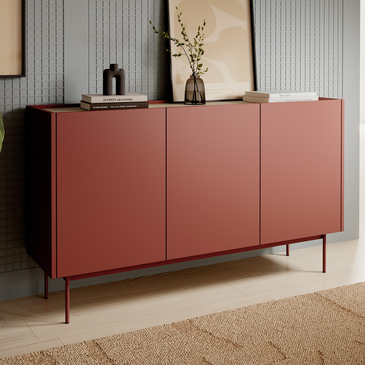 MODERNE Kommode LUMO K3D (Ceramic Red, Eiche Linea, Metallfüße, Soft-Close) - Eichefarben/Rot, Holz/Holzwerkstoff (144/83/37cm) - Ravio