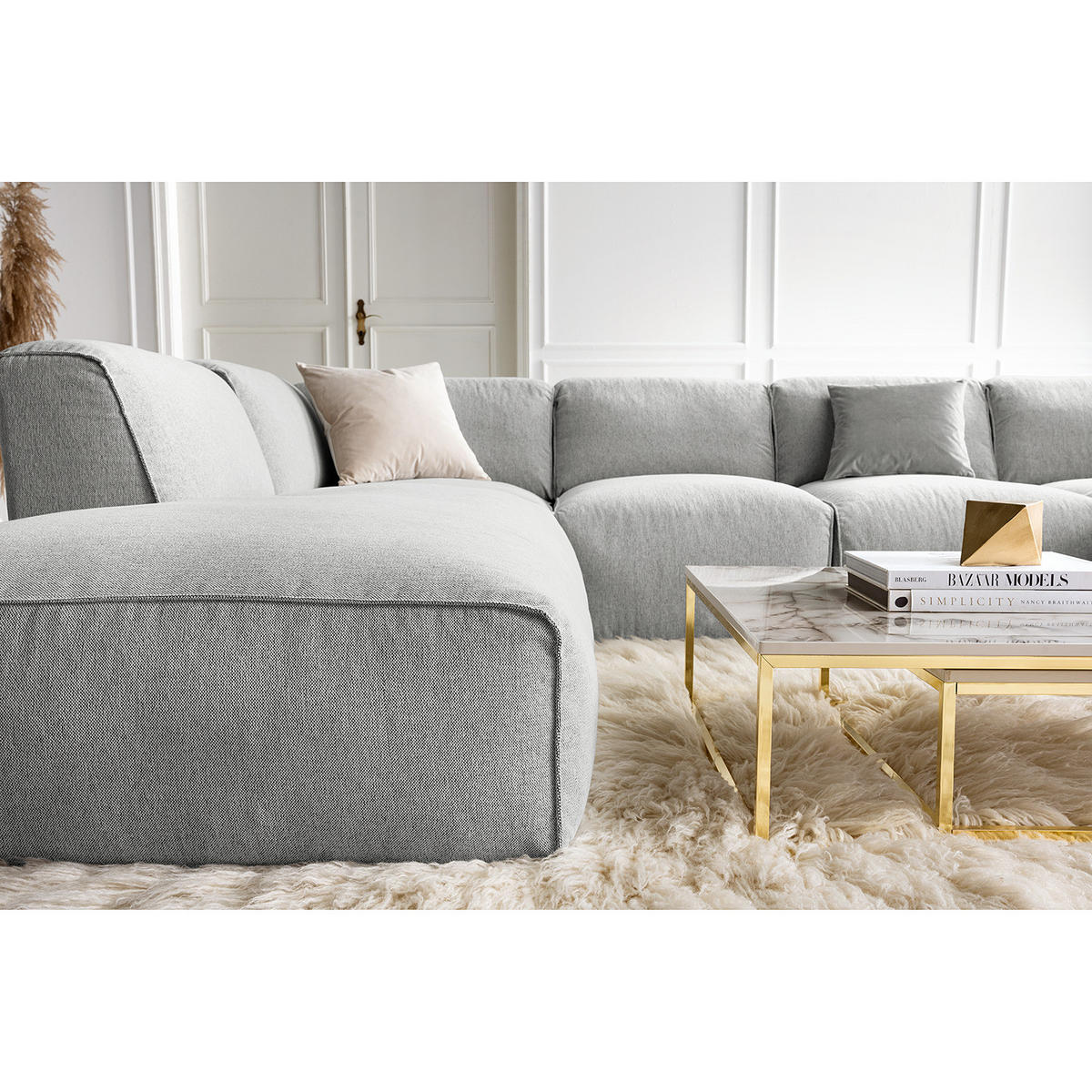 WOHNLANDSCHAFT mit Longchair - Hellgrau/Schwarz, Kunststoff/Textil (325/71/235cm) - home24