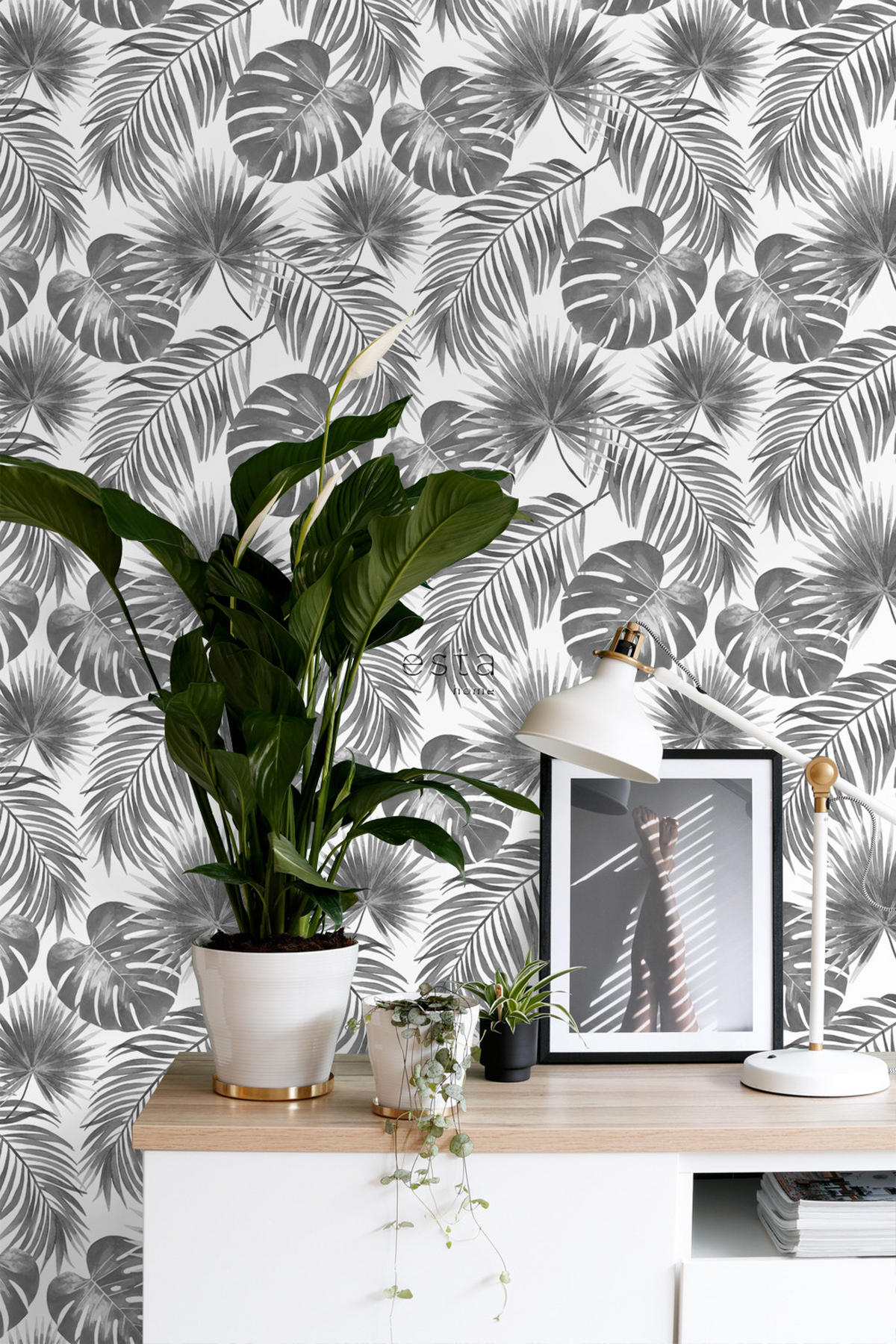 TAPETE tropische Blätter 53 cm x 10.05 m - Schwarz, Papier (53/1000cm) - ESTAhome