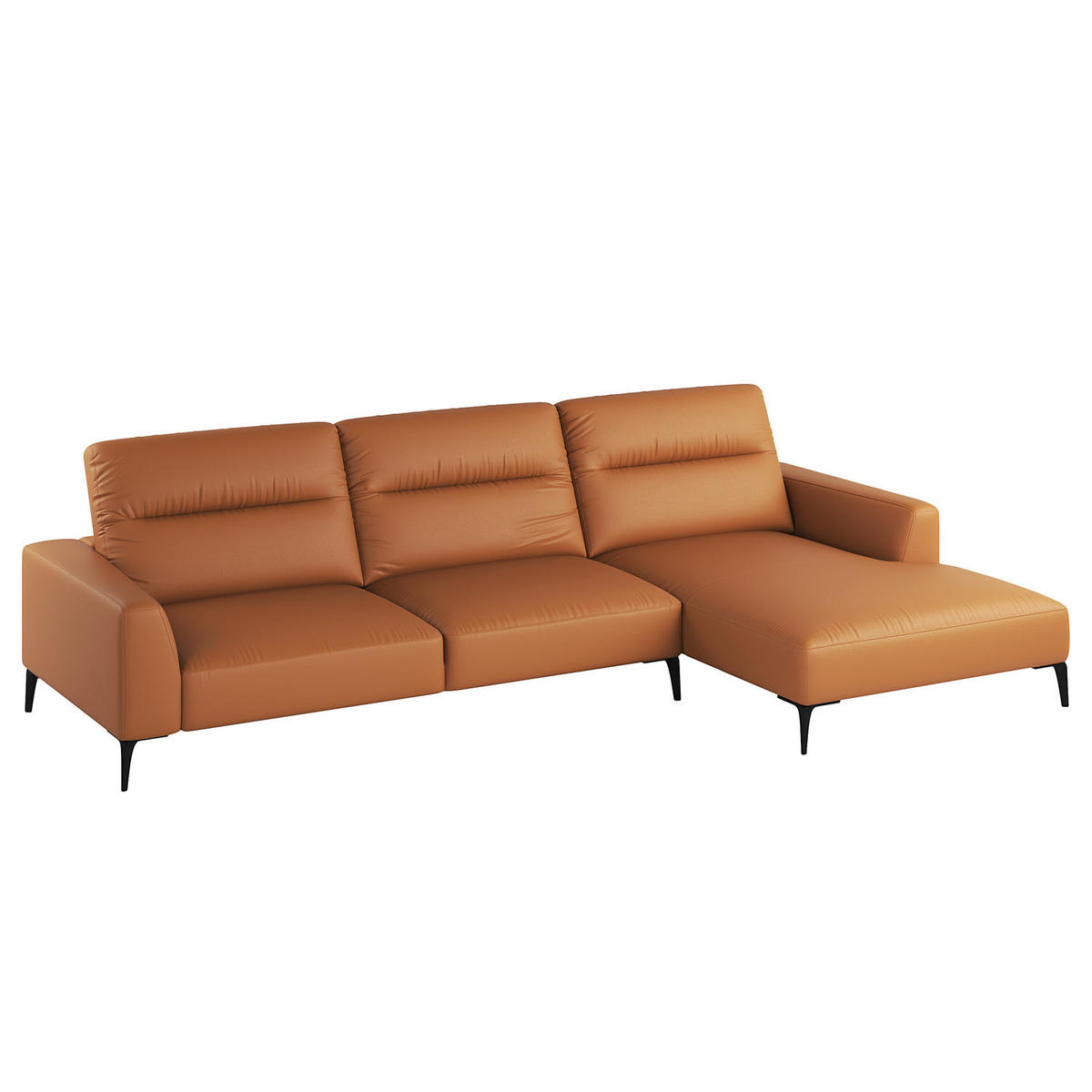 ECKSOFA mit Longchair - Cognac/Schwarz, Leder/Metall (328/180cm) - home24