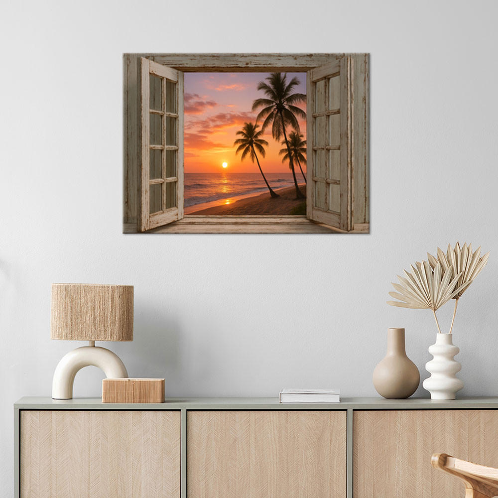 LEINWANDBILD Fensterblick Sonnenuntergang Strand Palmen 120x80cm - Orange, Textil (120/80cm) - Feeby