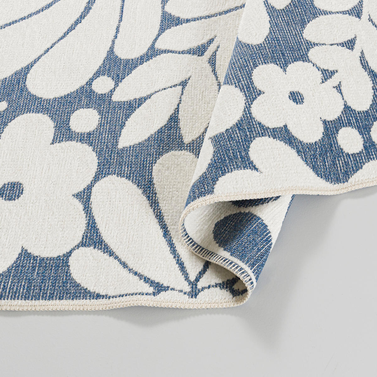 TEPPICH Zweiseitiger Weiß Pflanzlich - Kurzflor Rechteckig Weich - Ecru Blau - 80 x 200 cm - Ecru/Blaugrau, Textil (80/200cm) - Mazovia
