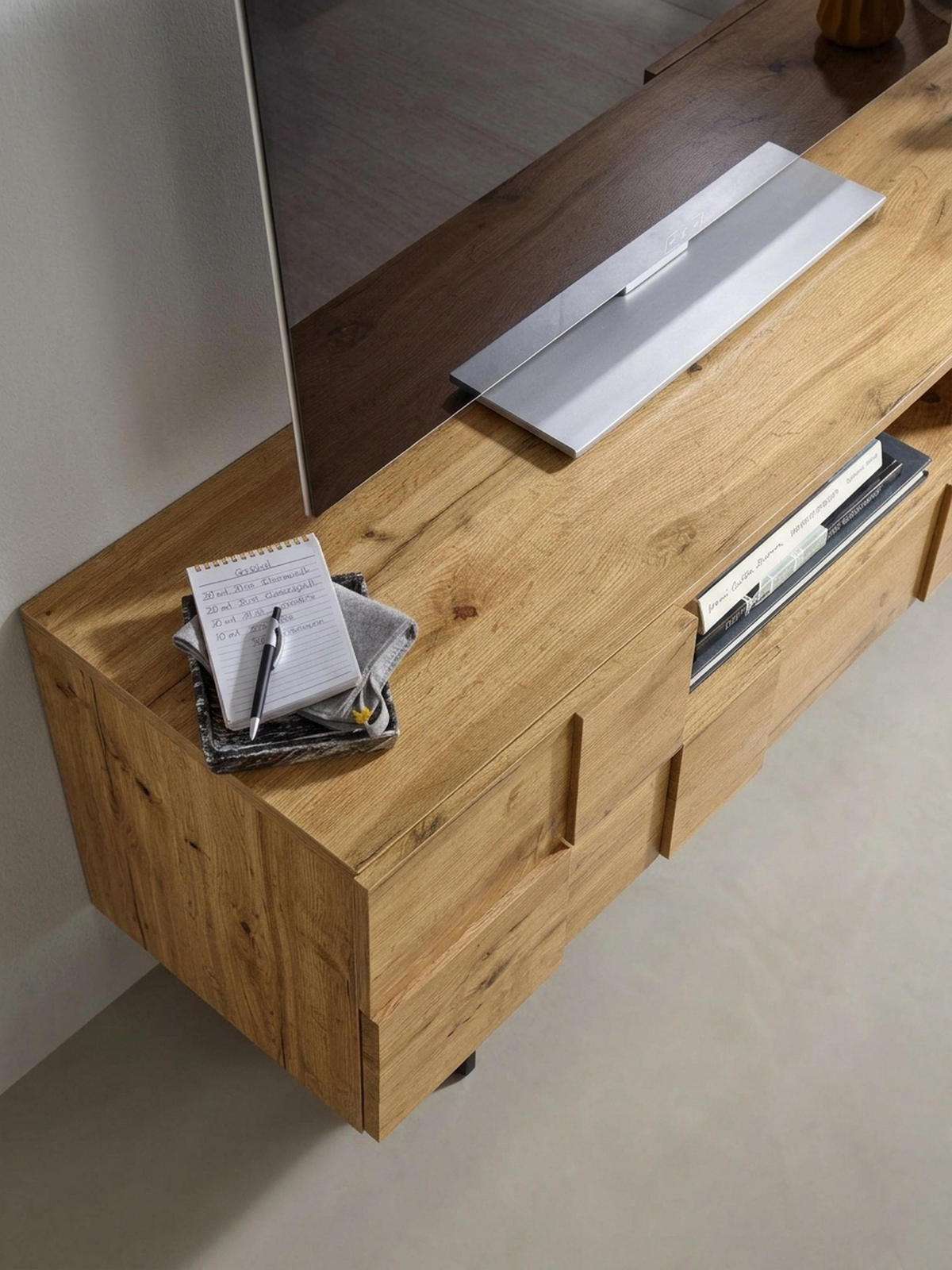 LOWBOARD Eiche-Dekor Modern Stil mit Kachelmuster für Konsolen und DVDs - Schwarz/Braun, Holz/Metall (160/46/43cm) - KADIMA DESIGN