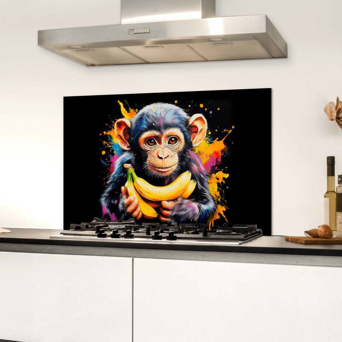 SPRITZSCHUTZ KÜCHE Affe - Graffiti - Farbenfroh - Bananen - Modern 60x40 cm - Gelb, Metall (60/0.3/40cm) - MuchoWow