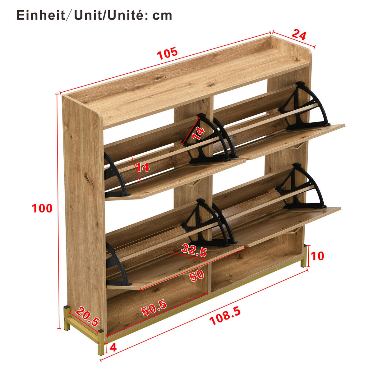 SCHUHSCHRANK aus MDF 108,5x24x100cm in Naturfarben mit Ablagefach - Naturfarben, Holzwerkstoff (108.5/100/24cm) - Modfu