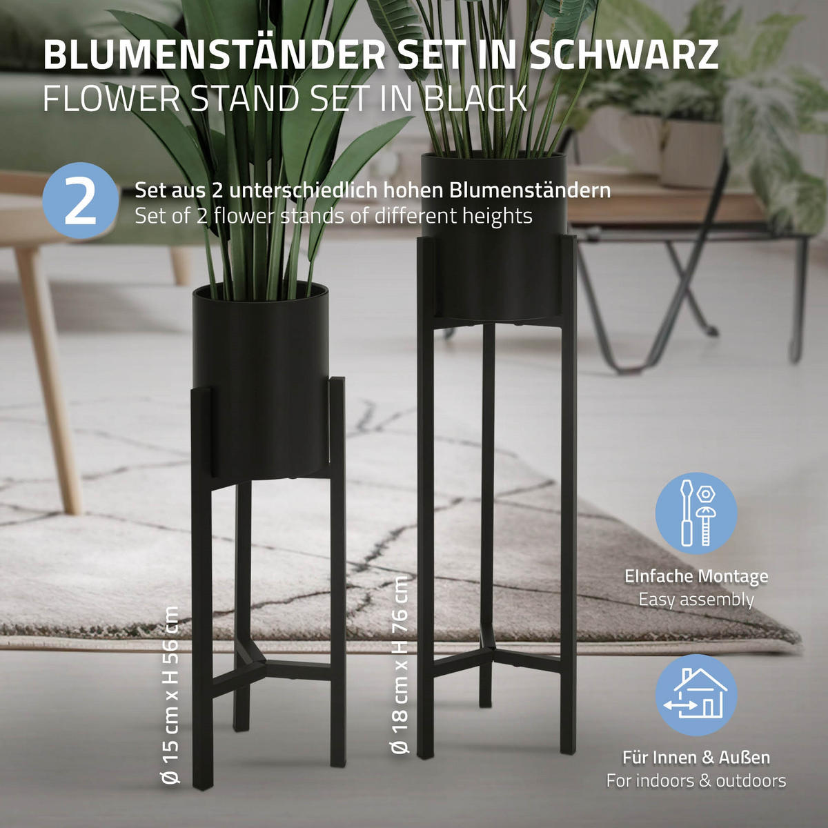 BLUMENSTÄNDER Schwarz 2er Set - Schwarz, Metall (20/20/76cm) - ML-DESIGN