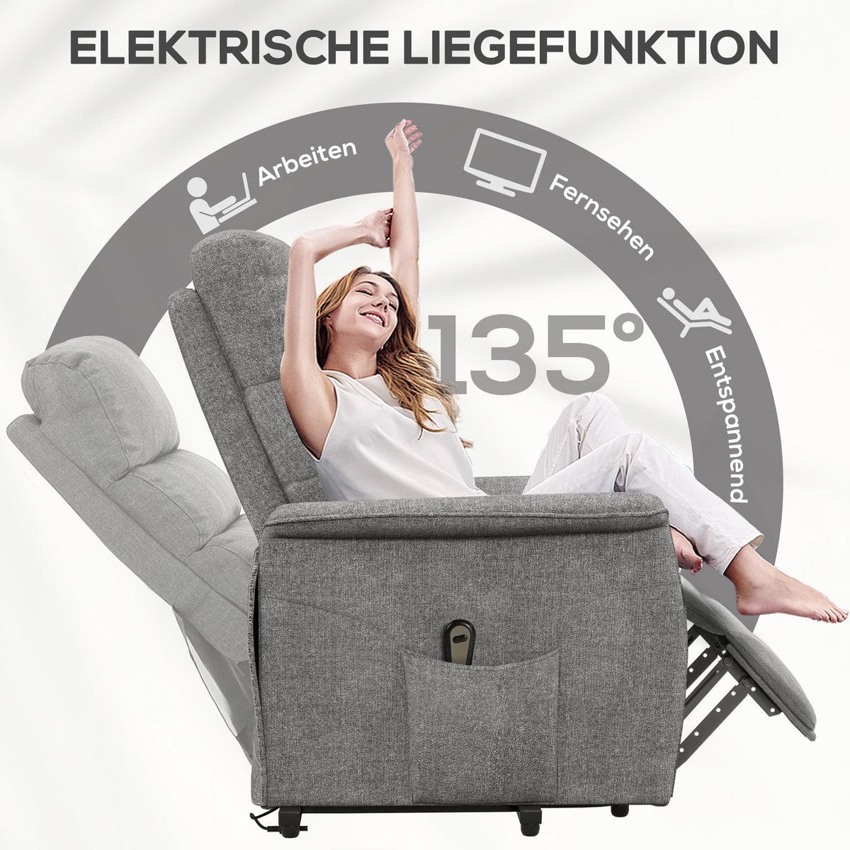 FERNSEHSESSEL mit Aufstehhilfe Elektrisch, Relaxsessel mit Liegefunktion Grau - Schwarz/Grau, Textil/Metall (90/96/66cm) - HOMCOM