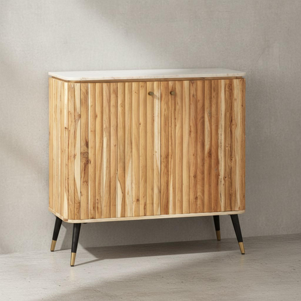 HAUSBAR Akazie Massivholz 95x90x41 cm Marmorplatte Skandinavisch - Goldfarben/Braun, Holz/Metall (95/90/41cm) - KADIMA DESIGN