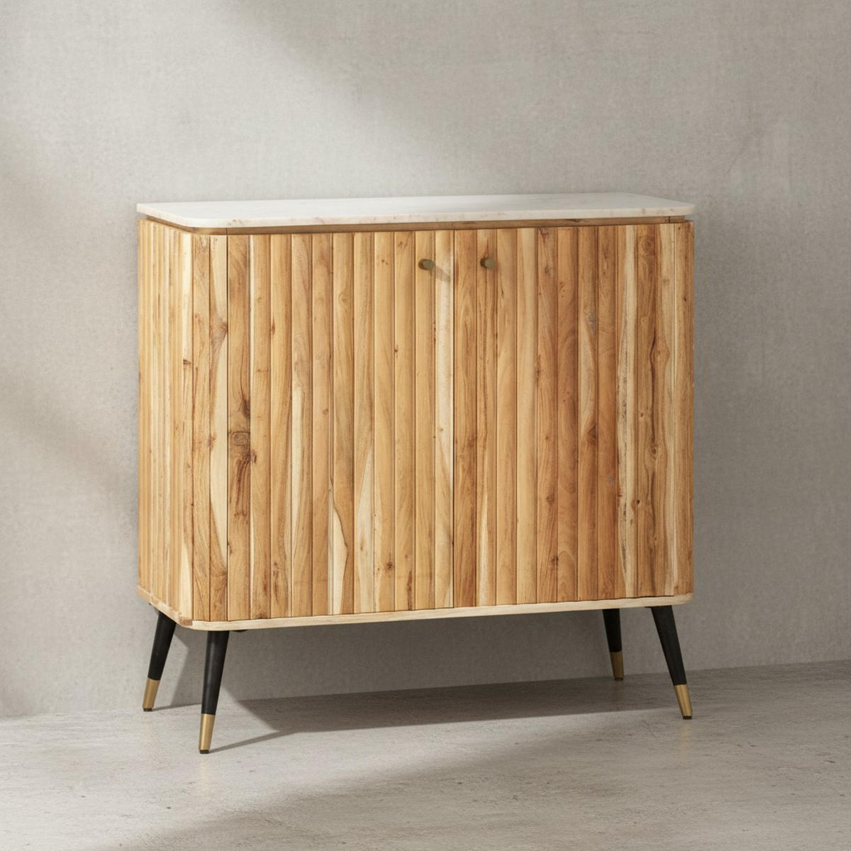 HAUSBAR Akazie Massivholz 95x90x41 cm Marmorplatte Skandinavisch - Goldfarben/Braun, Holz/Metall (95/90/41cm) - KADIMA DESIGN