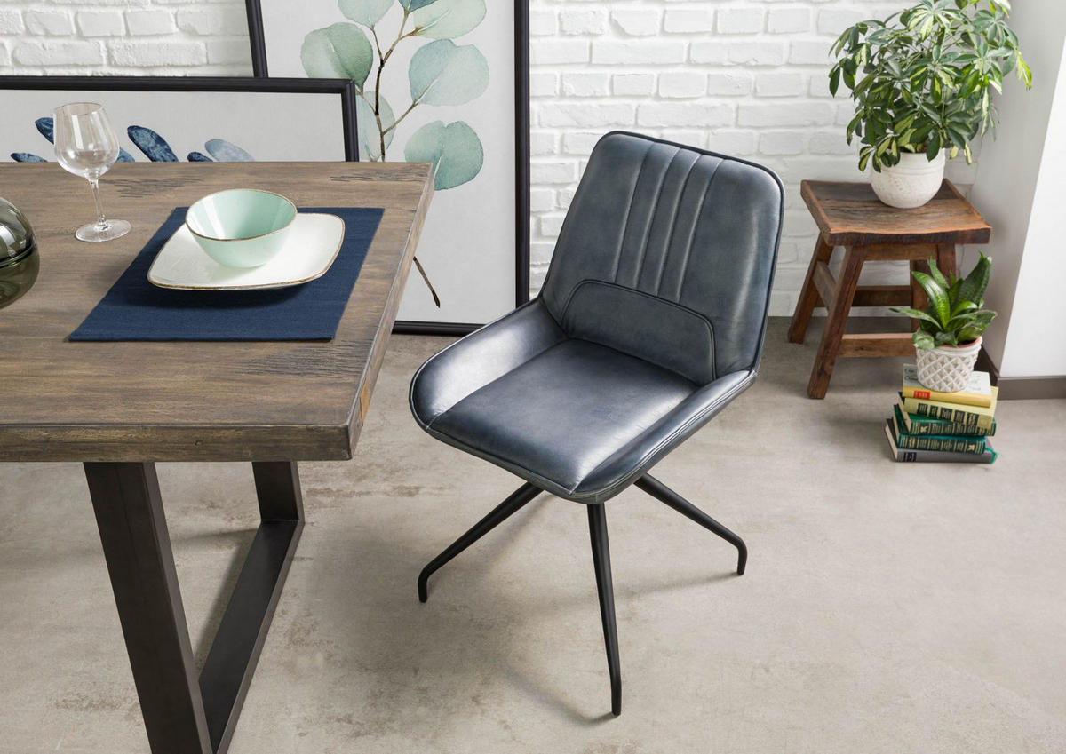 STUHL Echtleder 49 x 56 x 83 cm blau IRON LABEL #510 - Blau, Leder (49/83/56cm) - Massivmoebel24